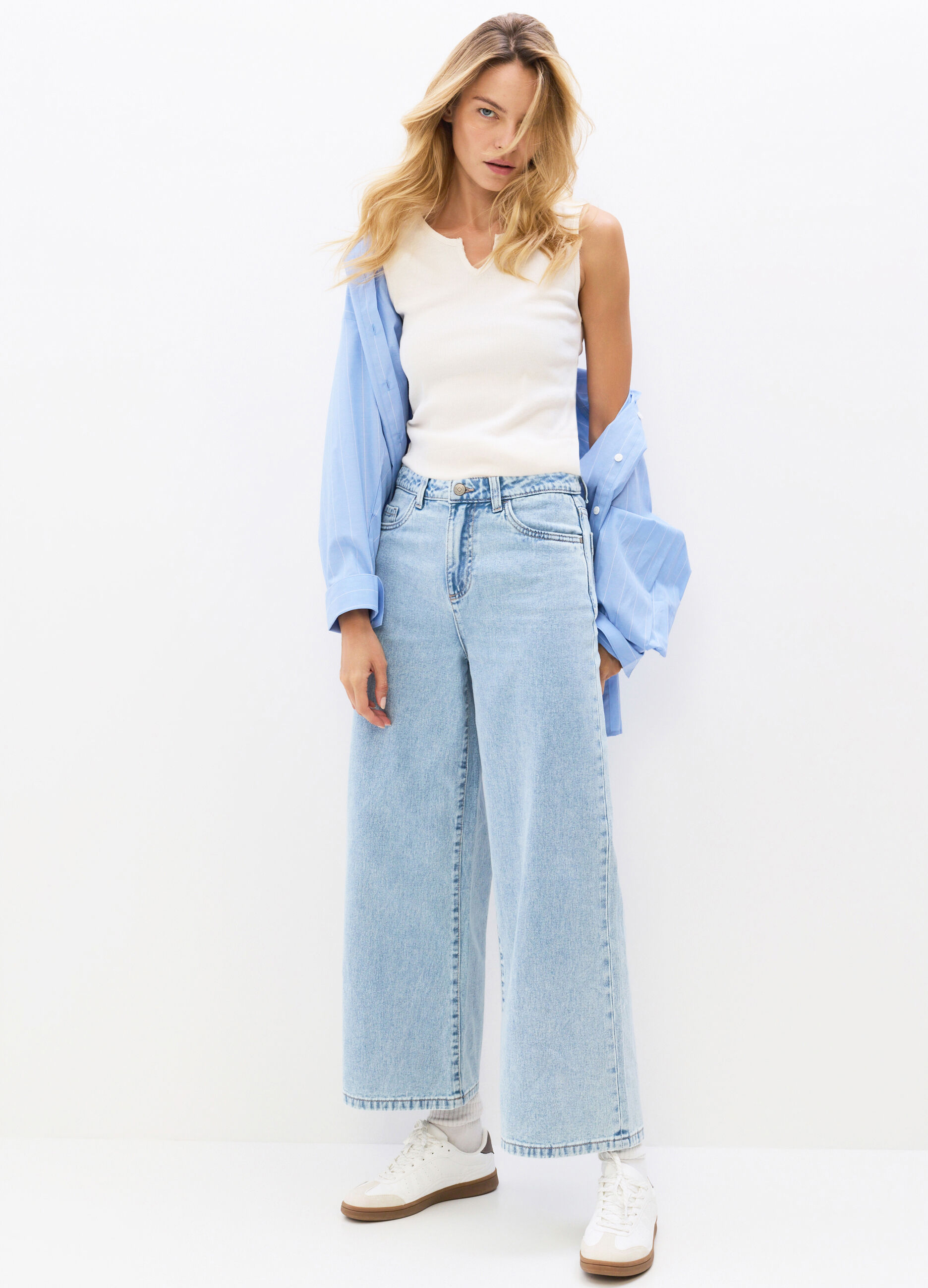 Pantaloni Culotte Fit in denim di puro cotone donna_0