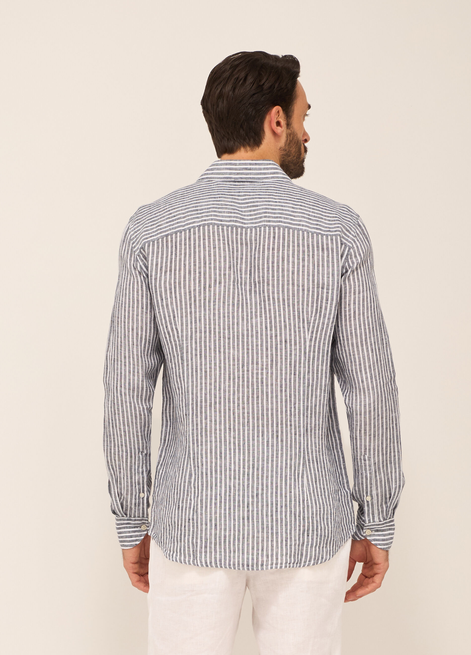 Camicia slim fit in lino a righe uomo_1