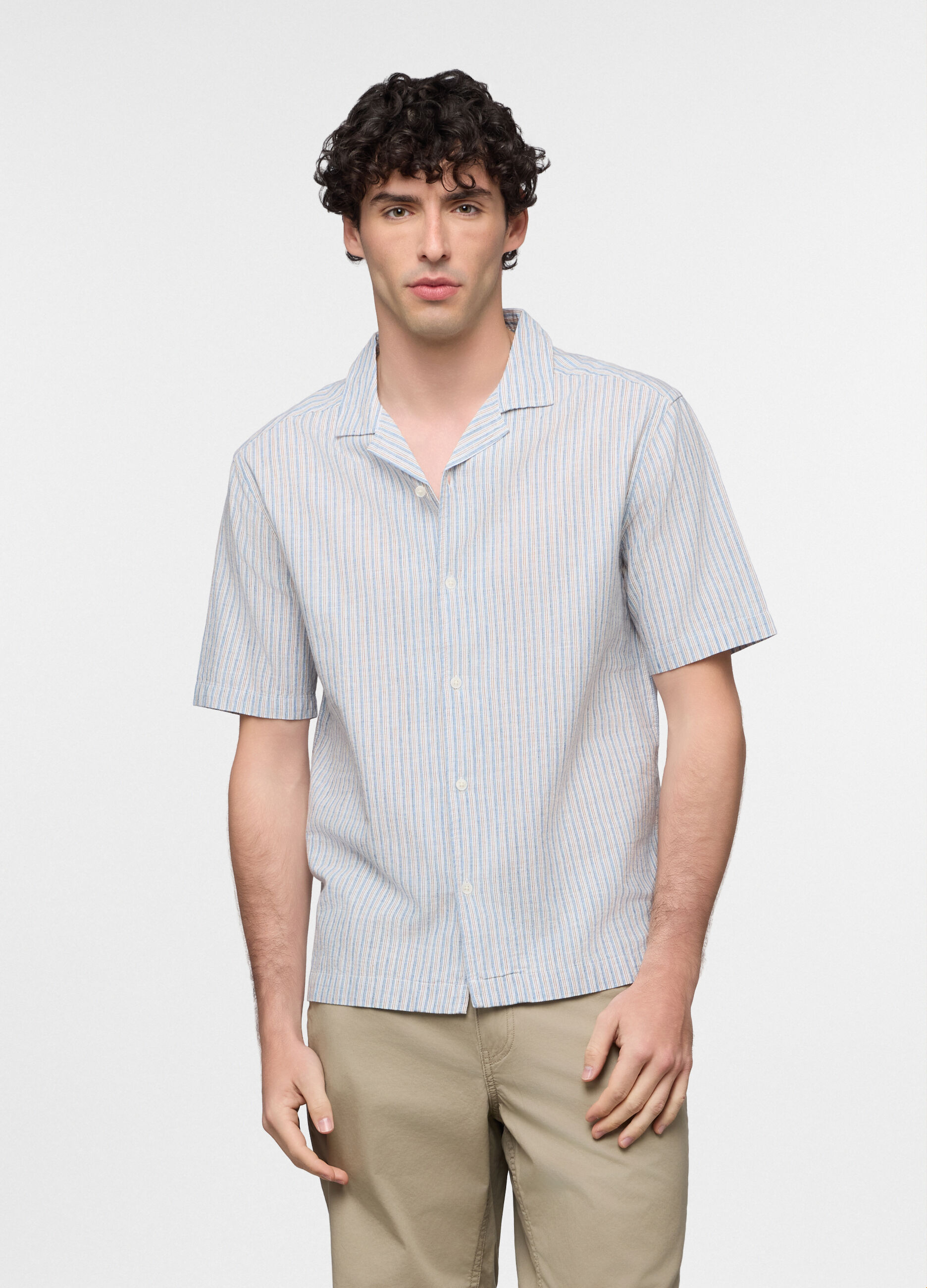 Camicia a maniche corte in cotone e lino uomo_0