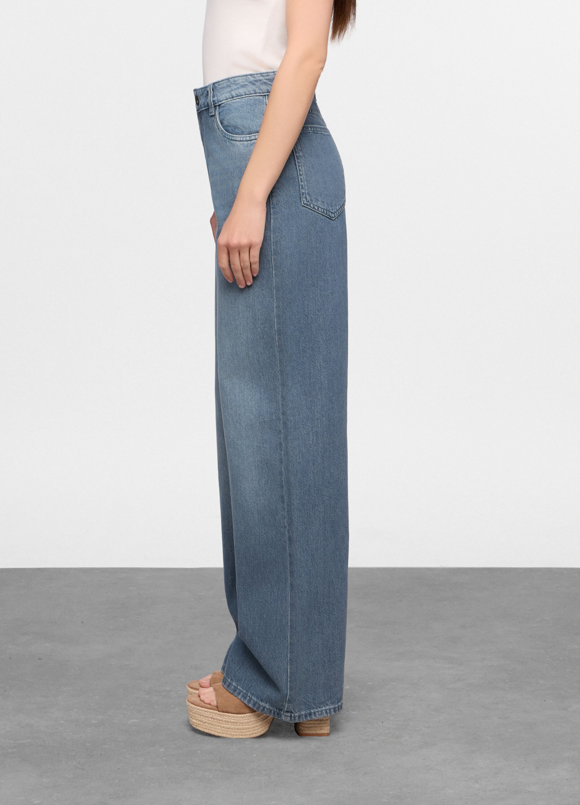 Pantaloni Wide Leg in denim di puro cotone donna_3