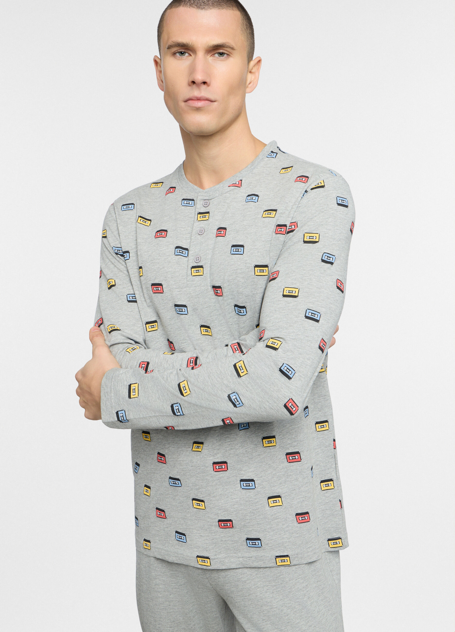 Pigiama lungo in cotone grigio stampato uomo_2