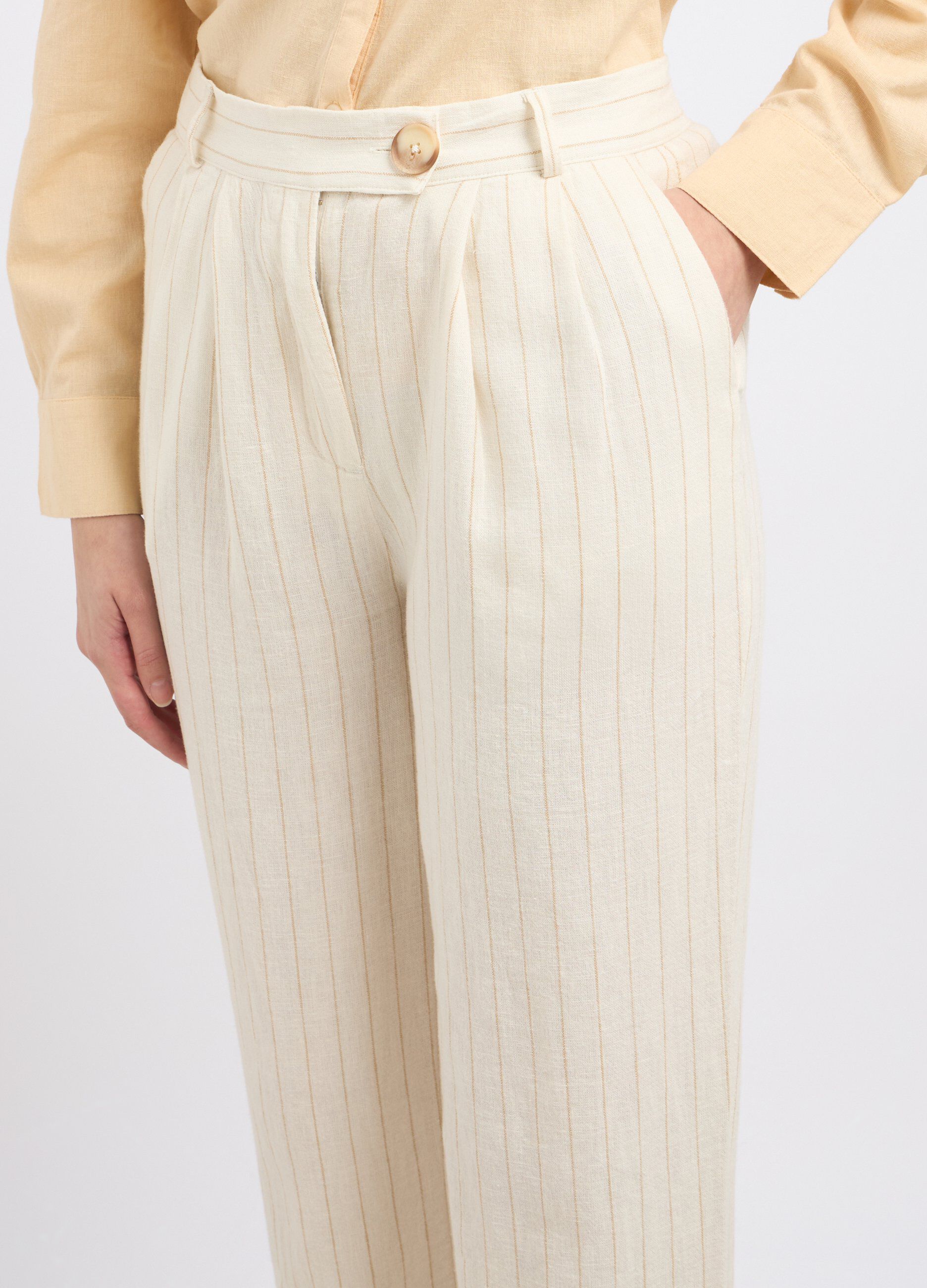 Pantaloni rigati in misto lino donna_2