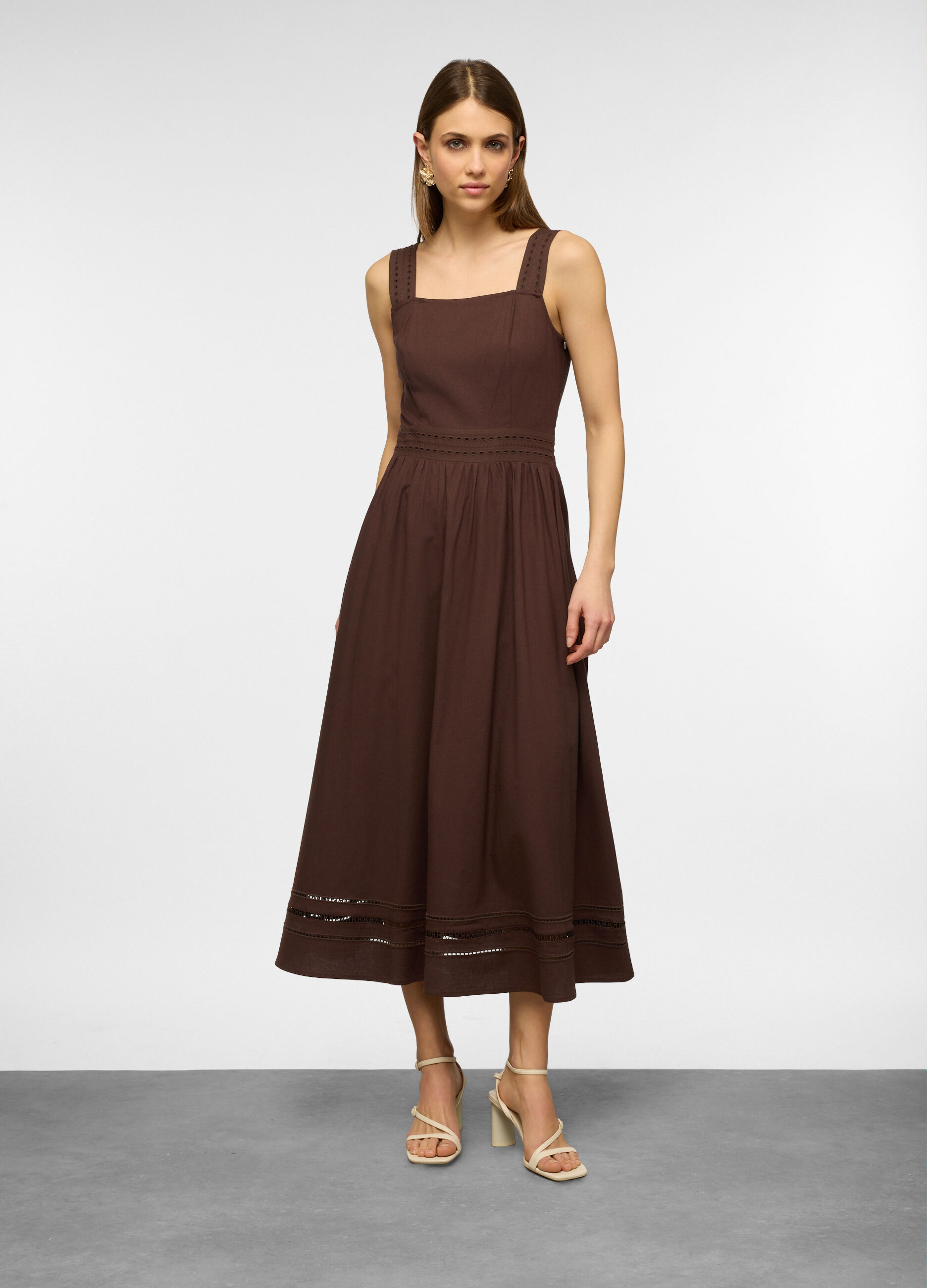 Vestito lungo fitted smanicato con scollo quadrato in misto lino donna_0