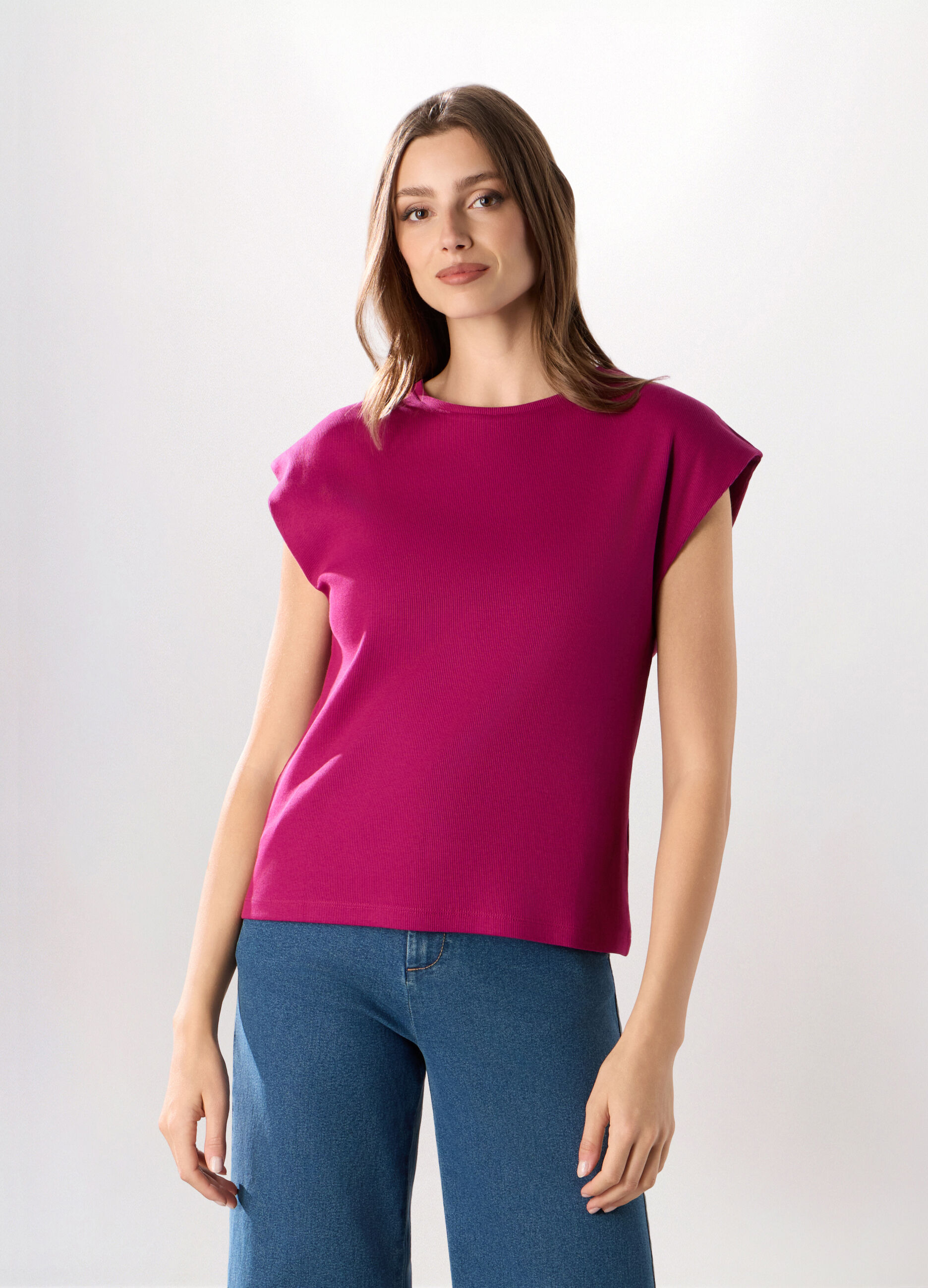 T-shirt in costina di cotone stretch donna_0