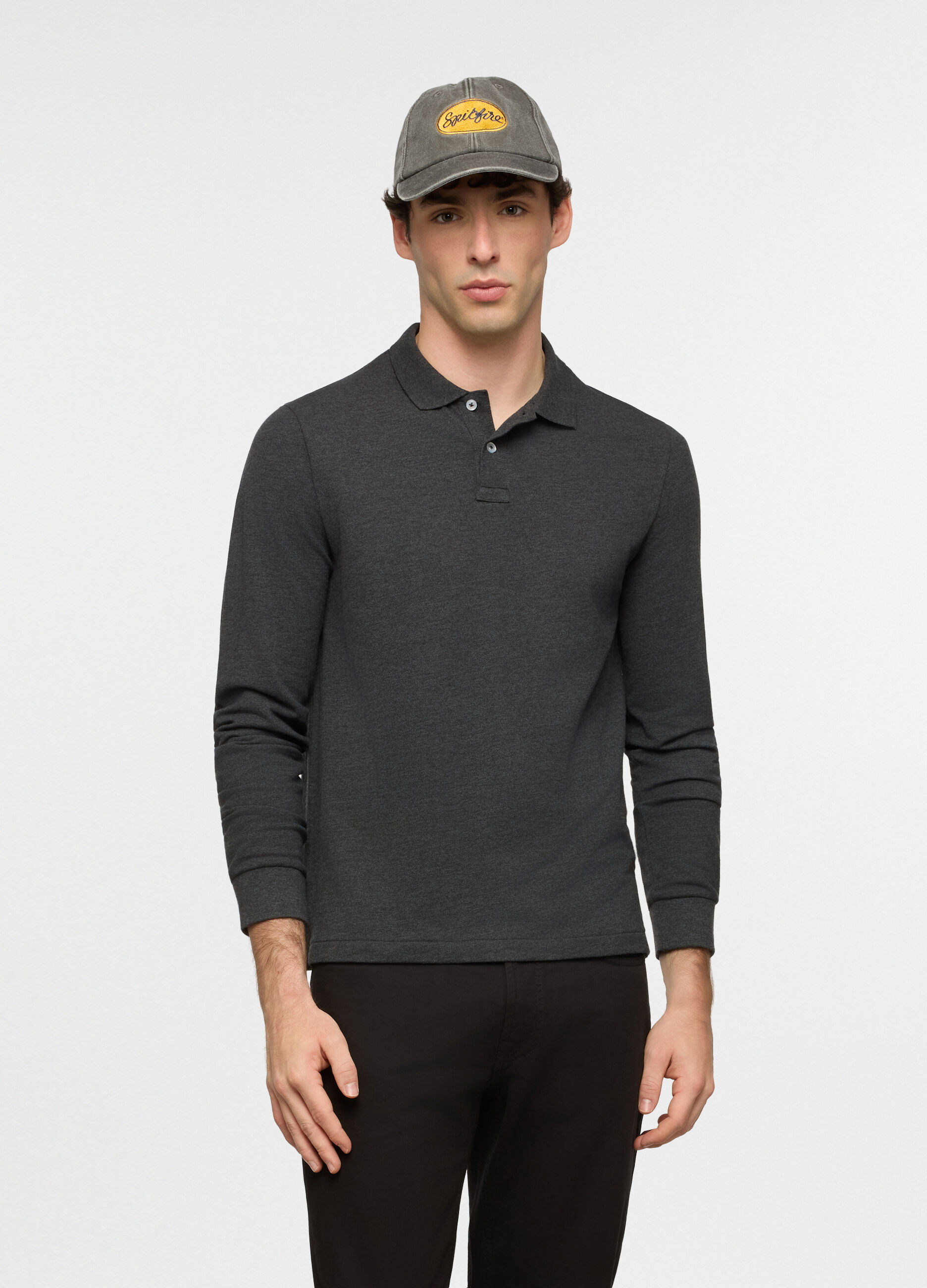 Polo a maniche lunghe in piquet tinta unita uomo_0