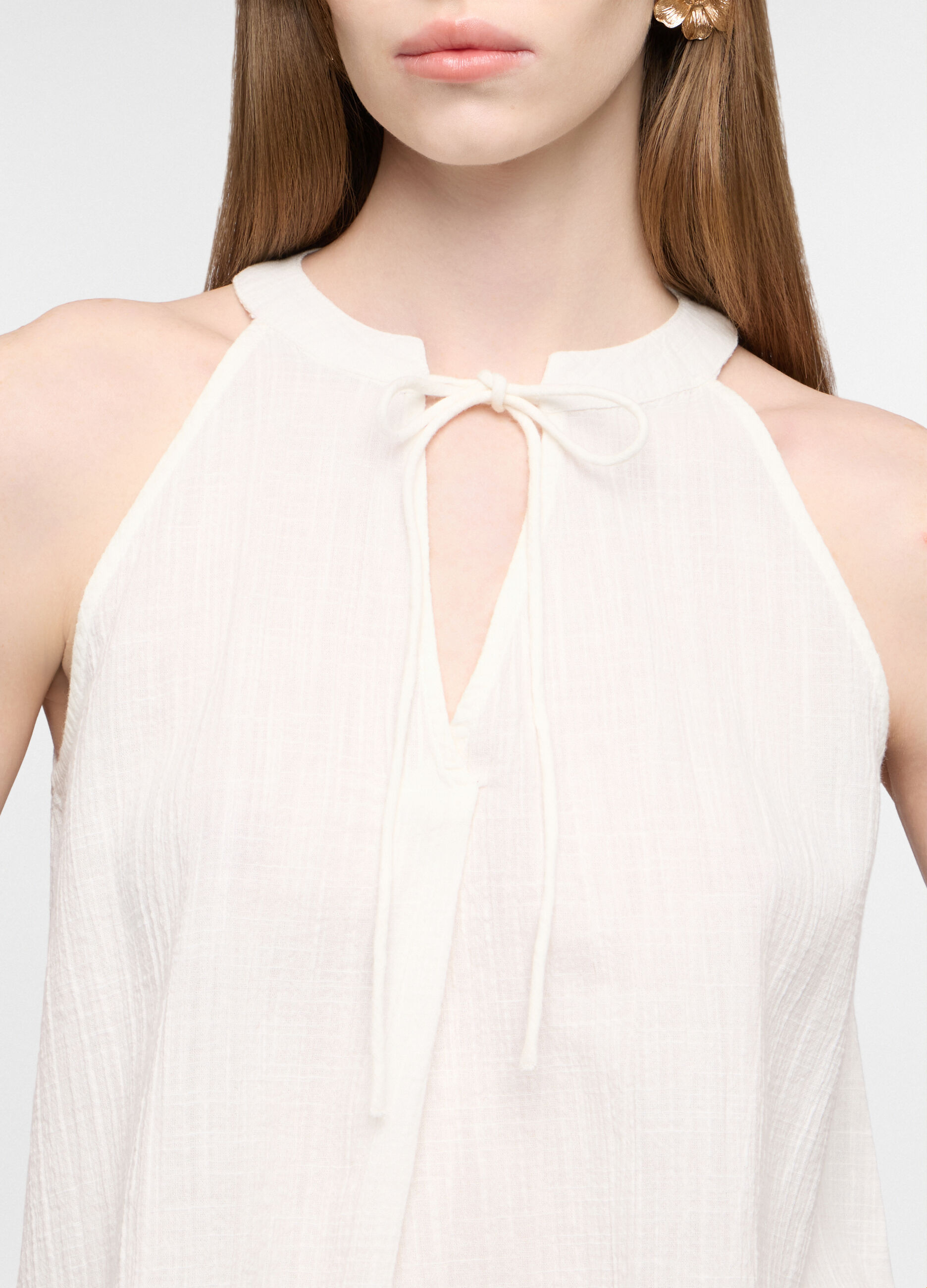 Blusa regular fit con scollo a V in puro cotone donna_2