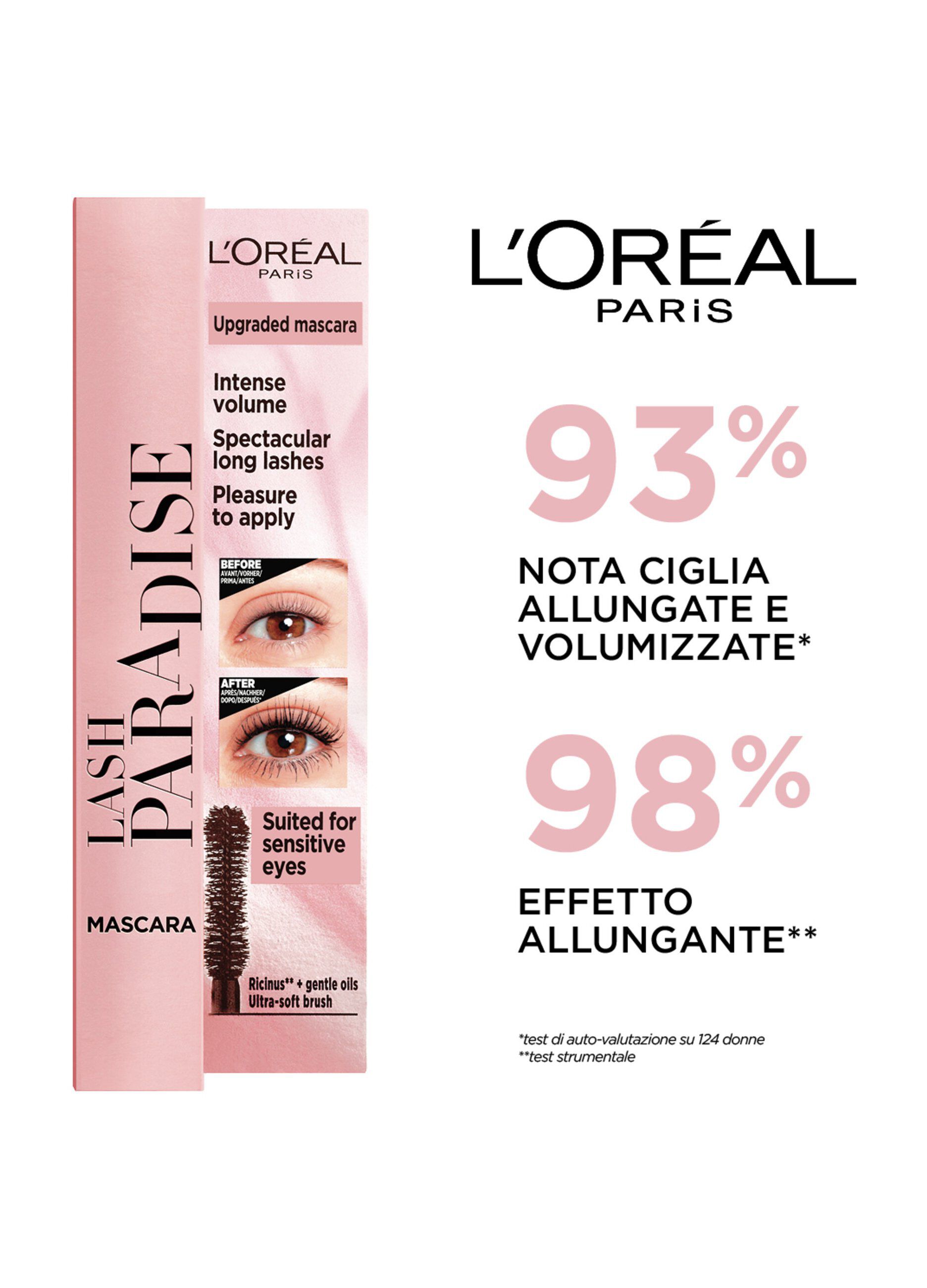 L'Oréal Paris Mascara Volumizzante e Allungante Lash Paradise, Formula Arricchita con Oli e Nutrienti, Extra Black, 6 ml.