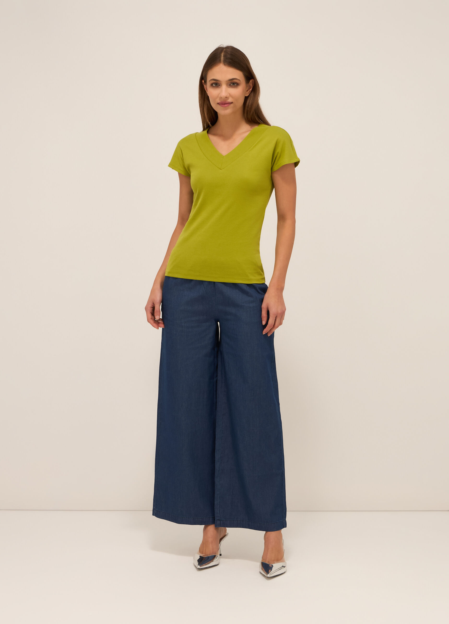 Pantaloni palazzo in chambray donna_0