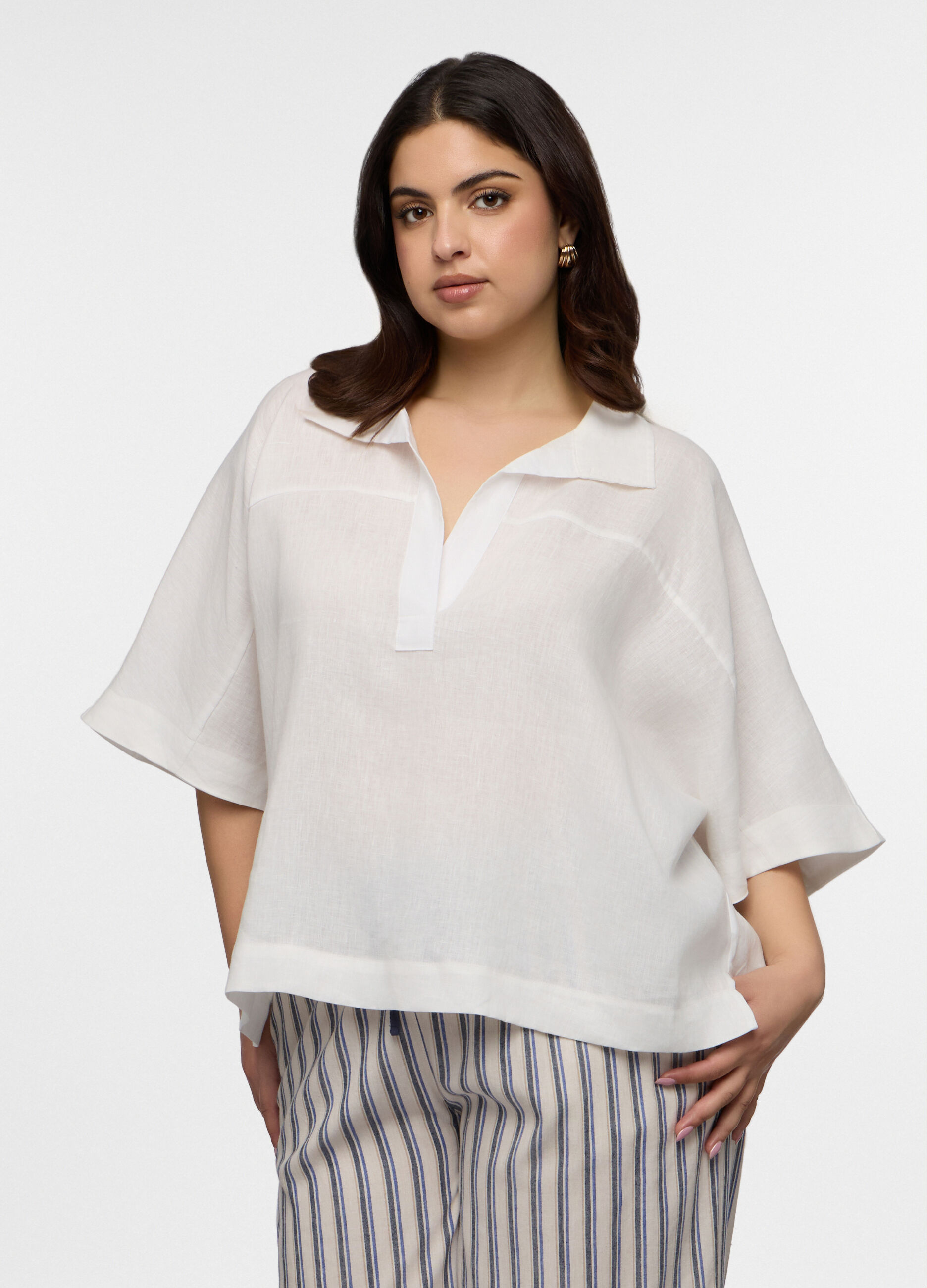 Blusa Fit Over con scollo a V in puro lino donna curvy_0