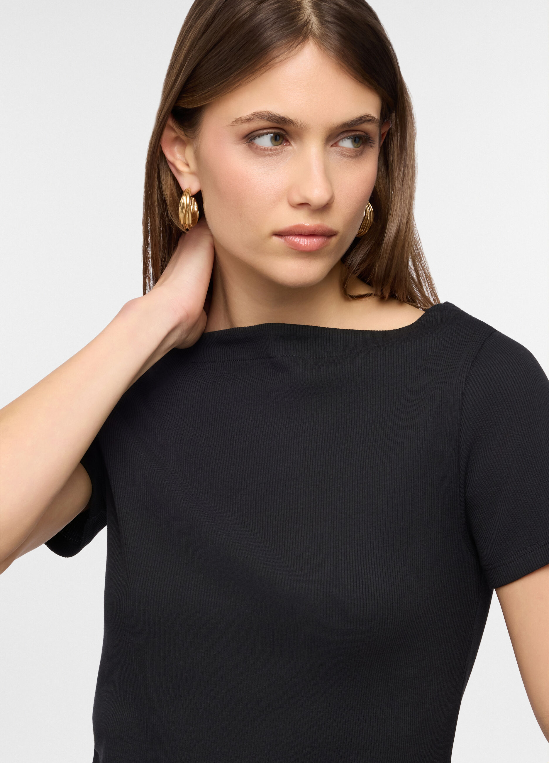 T-shirt con scollo a barca in costina di puro cotone donna_2