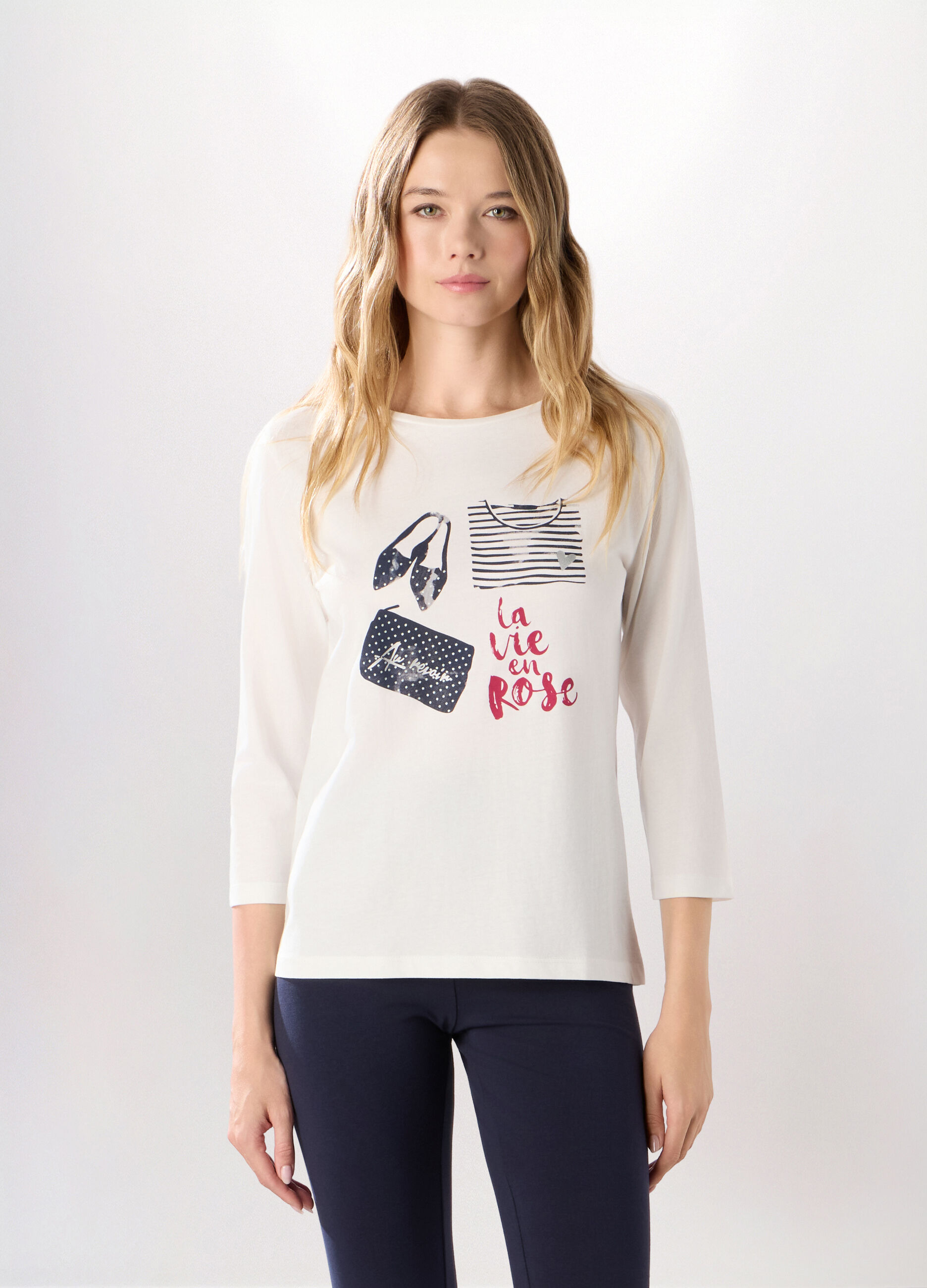 T-shirt in puro cotone con maniche a 3/4 donna_0