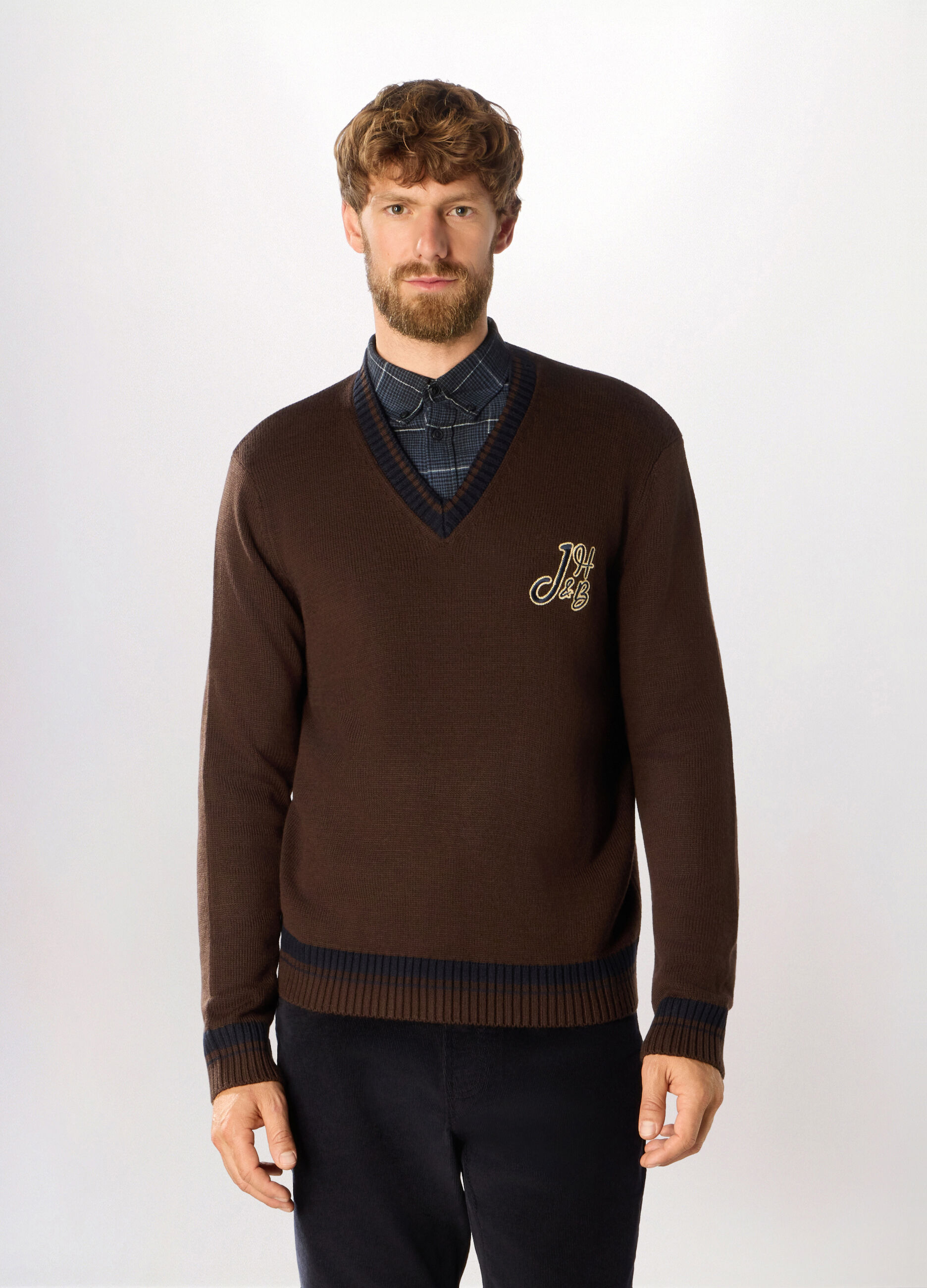 Maglione scollo a V in maglia rasata uomo_0