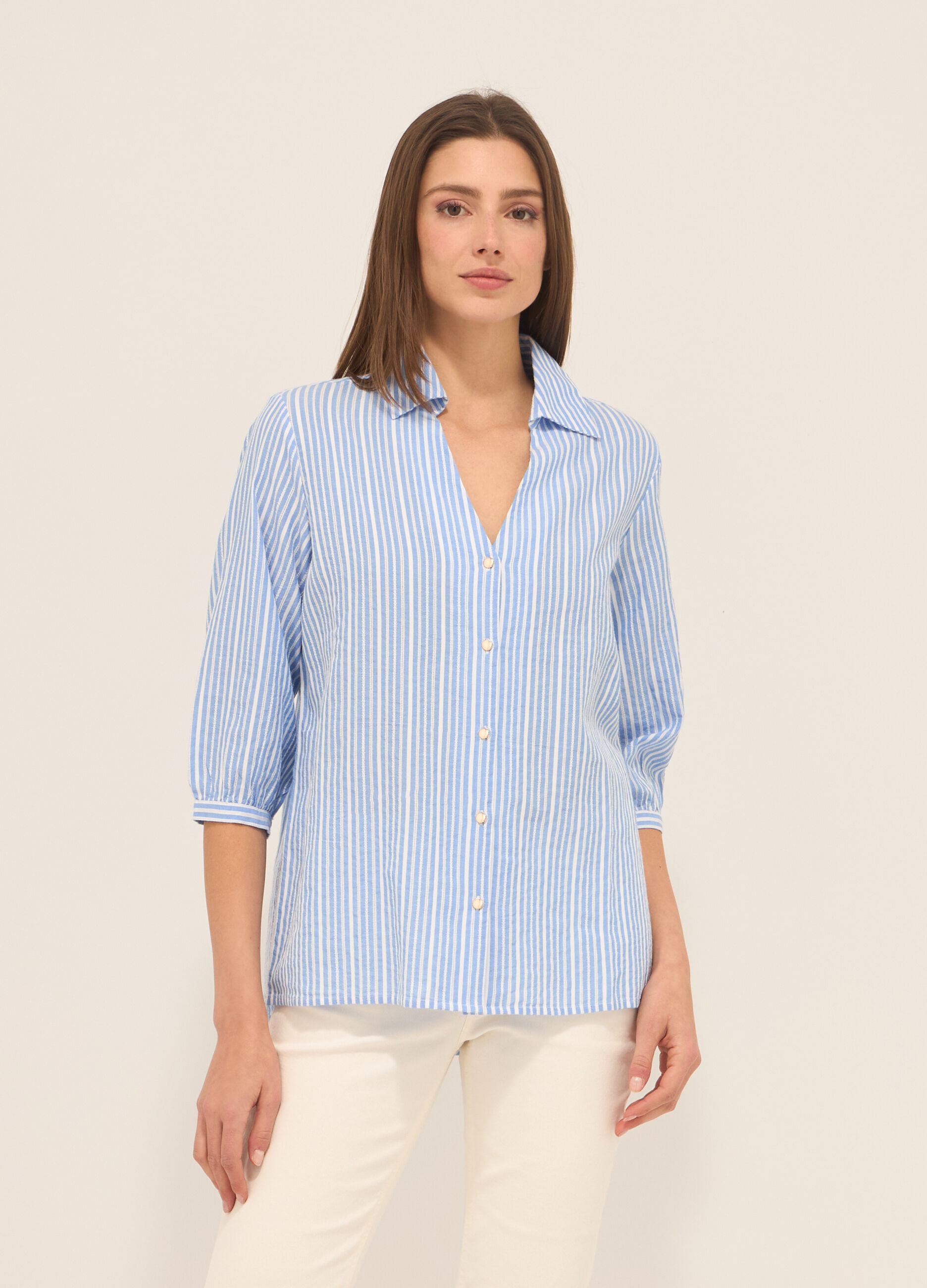 Camicia a righe in puro cotone donna_0