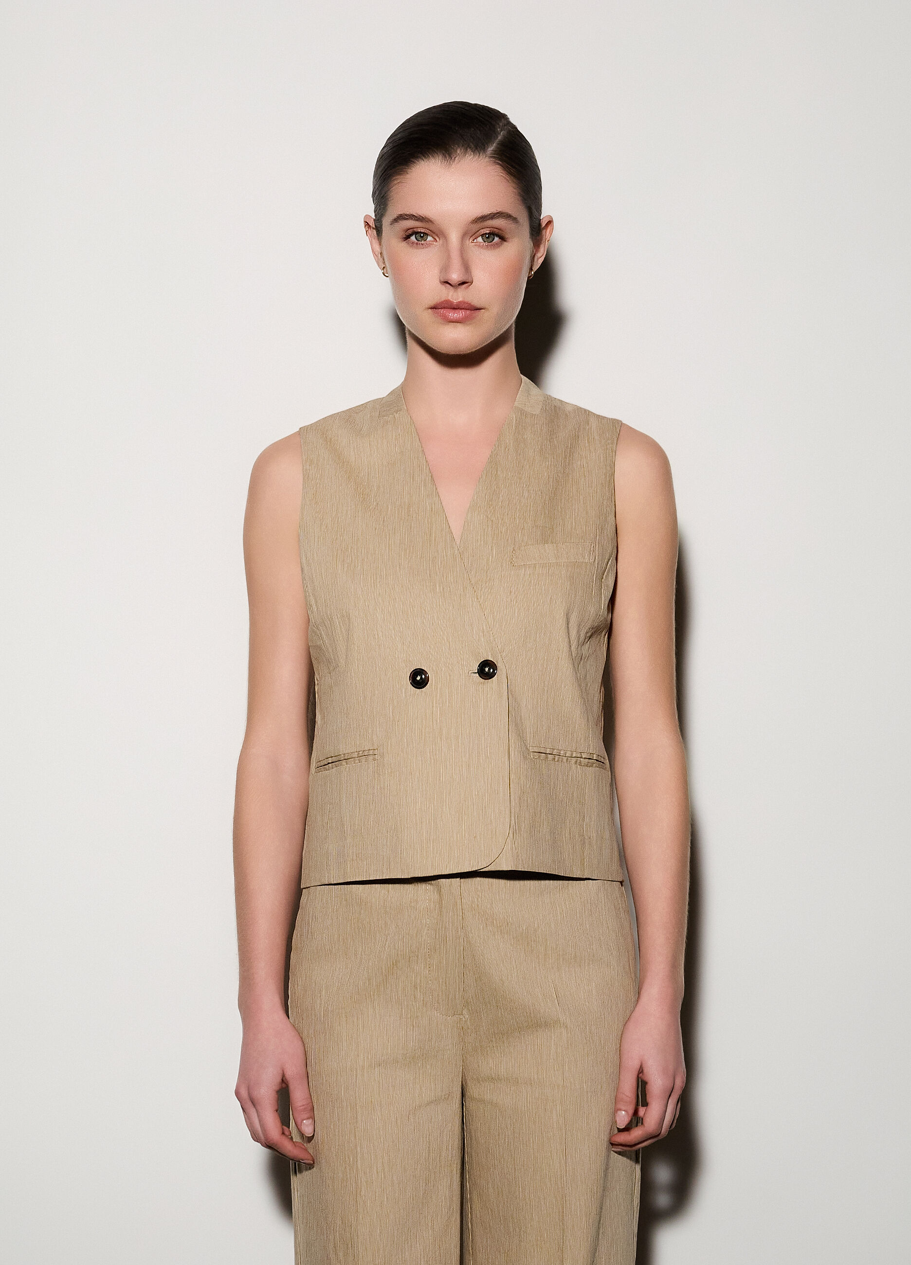 Gilet doppiopetto con scollo a V misto lino donna_1