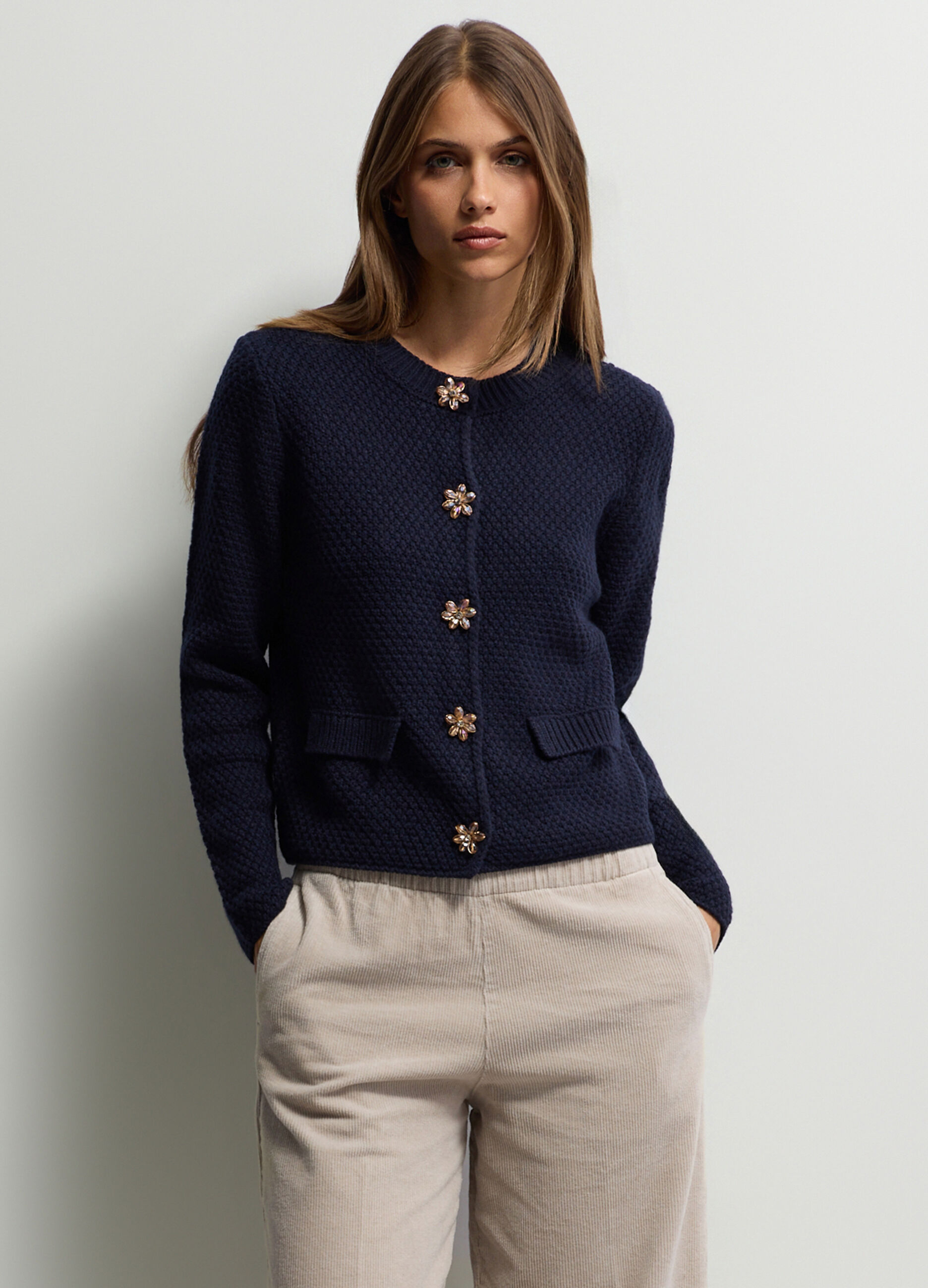Cardigan girocollo operato misto lana donna_0