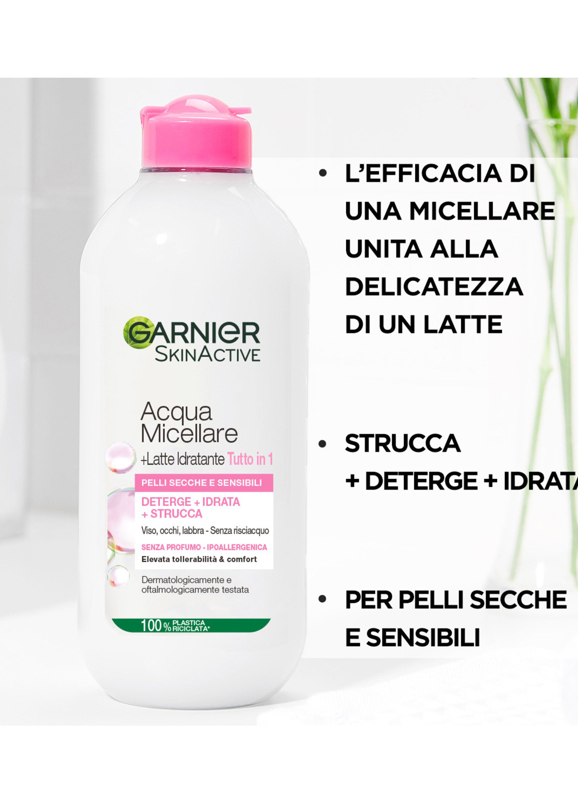 Garnier Acqua Micellare + Latte Idratante Micellare, Acqua Micellare + Latte Idratante per pelli secche; strucca, deterge e idrata, 400 ml.