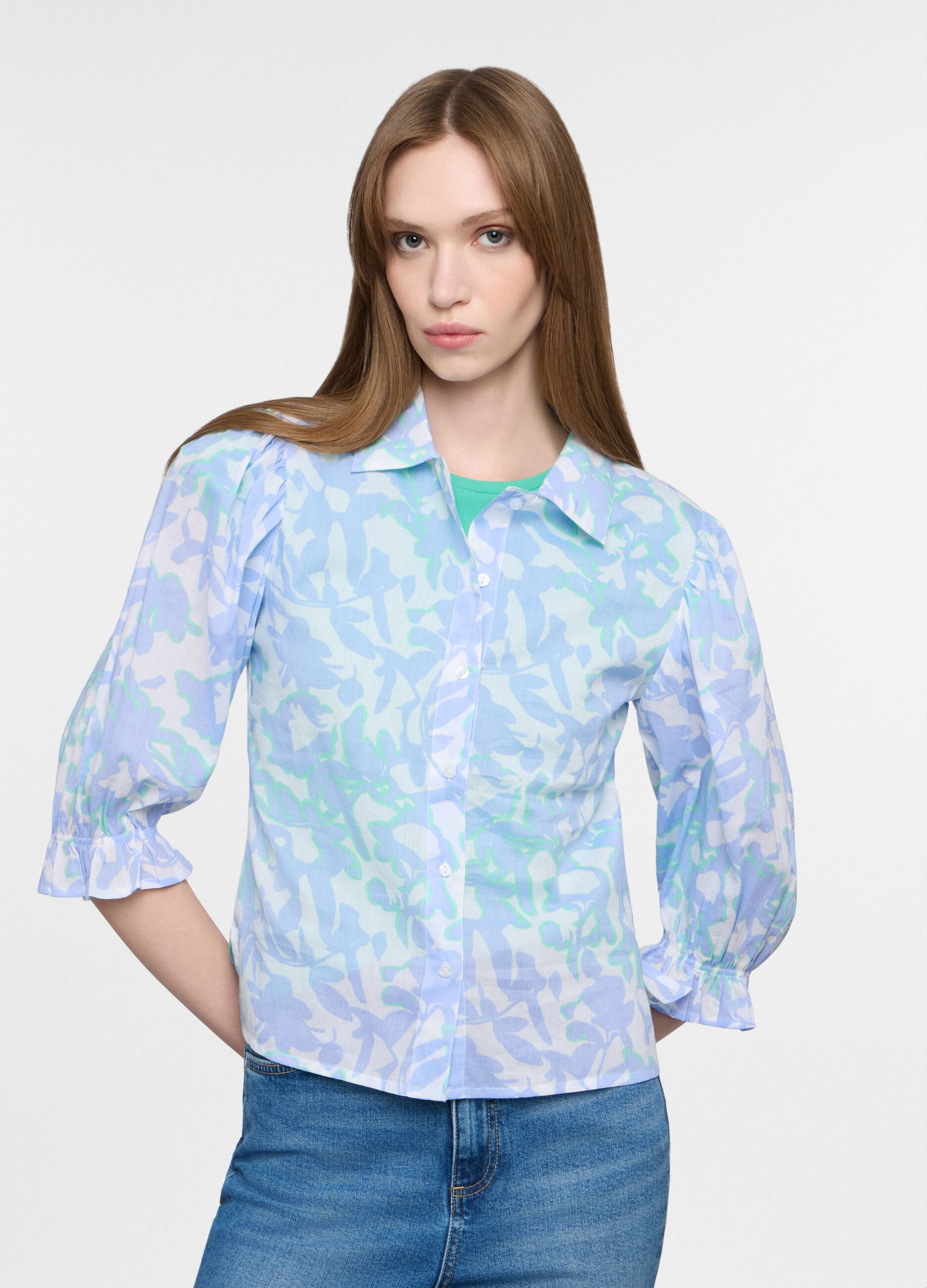 Camicia fit regular con colletto alla francese in puro cotone voile donna_0