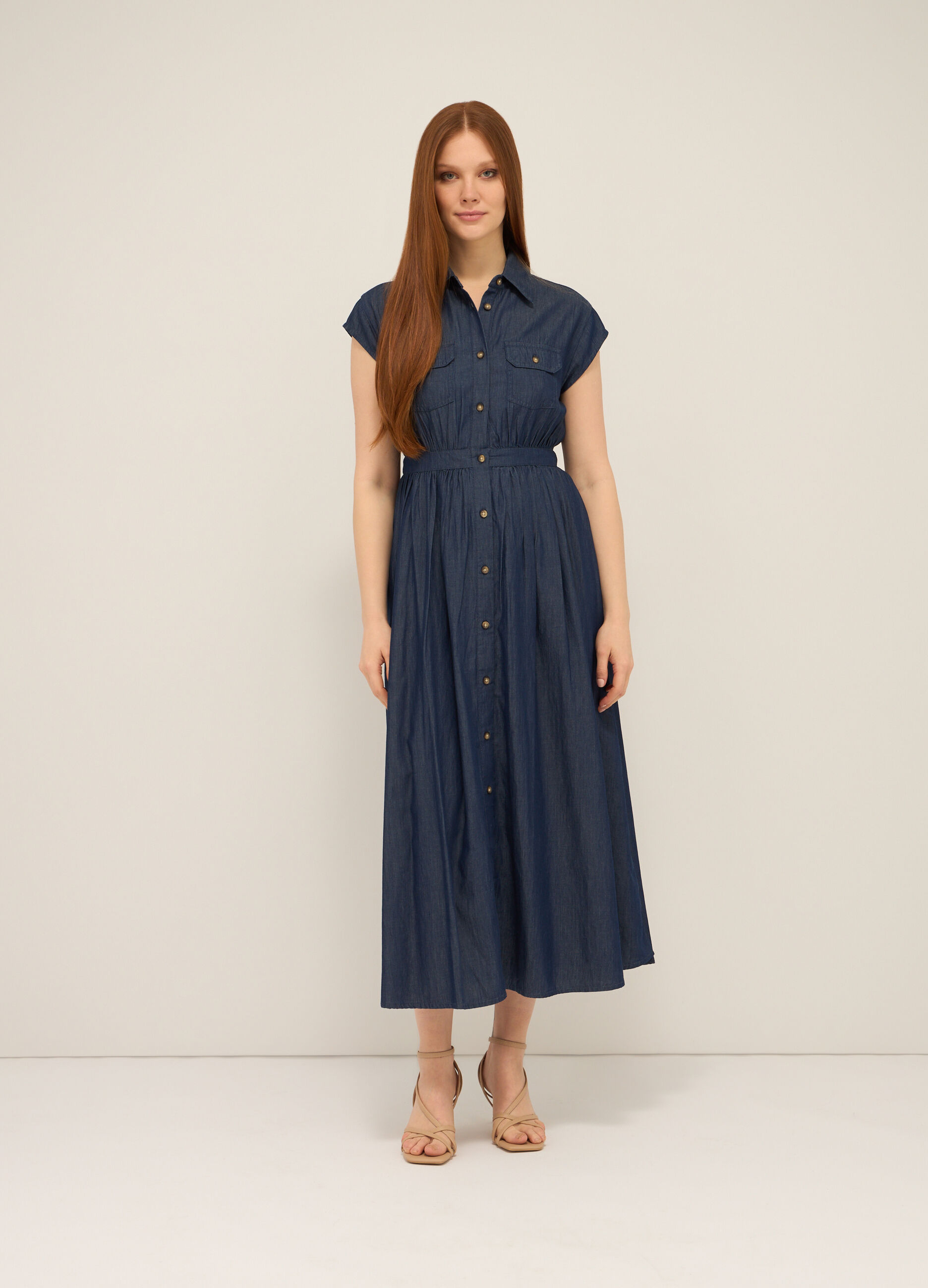 Abito lungo in denim di puro cotone donna_0