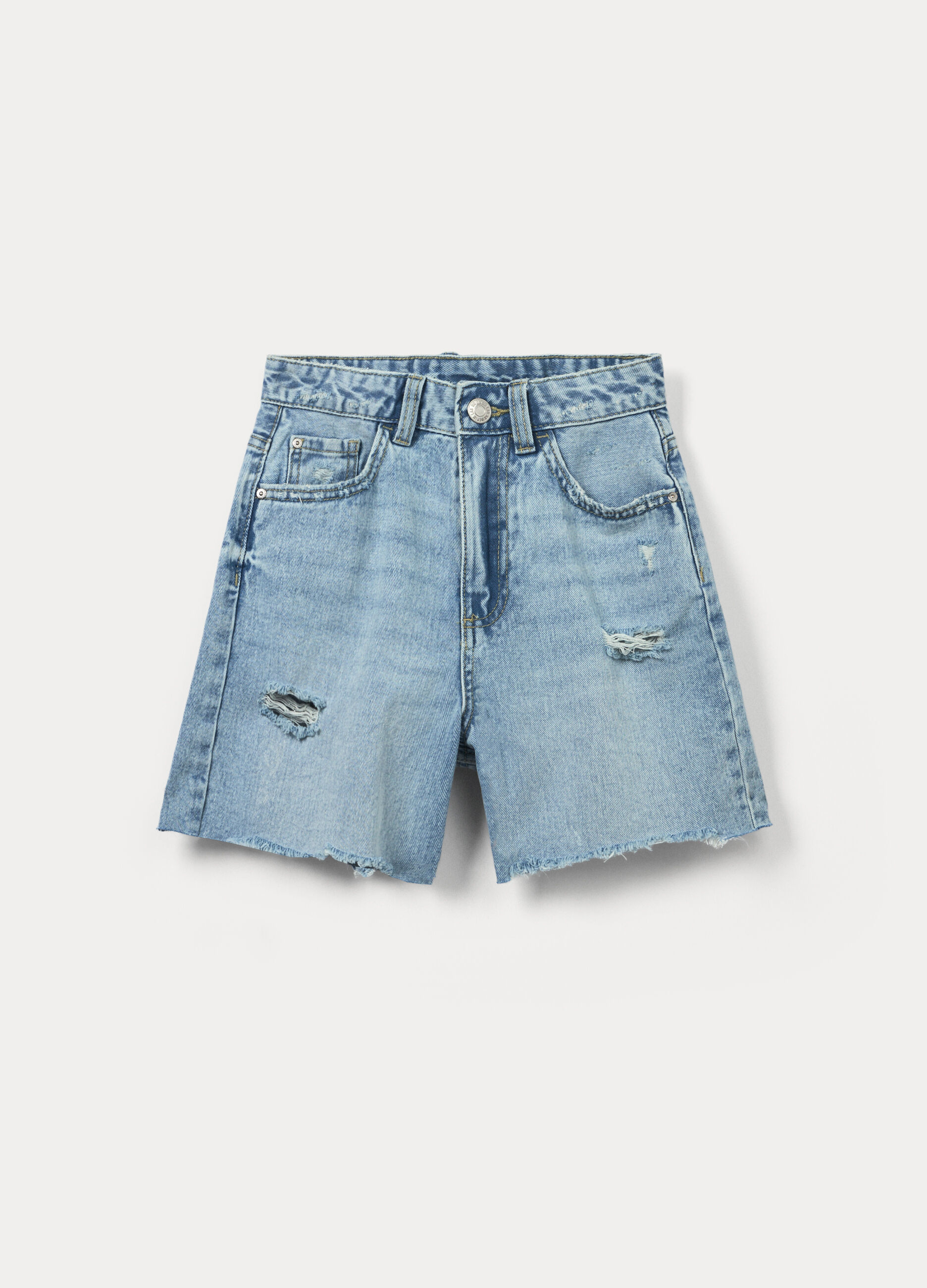 Shorts ripped straight fit in denim di puro cotone ragazza_0