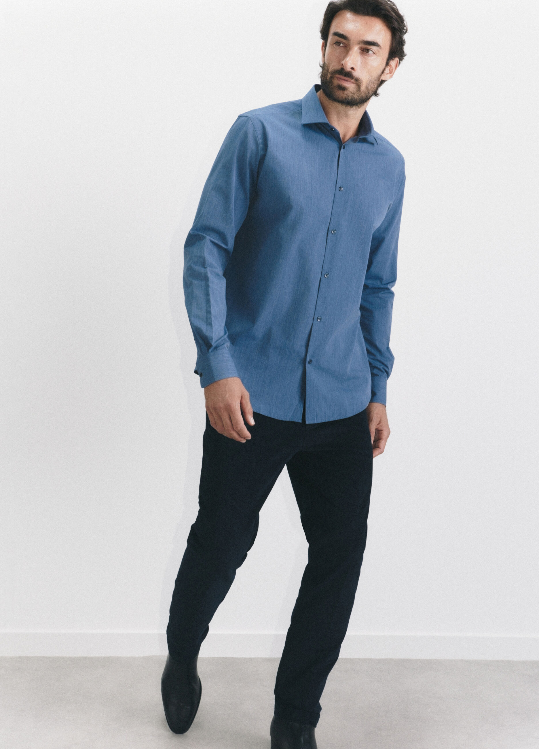 Camicia regular fit in tessuto effetto chambray uomo_1
