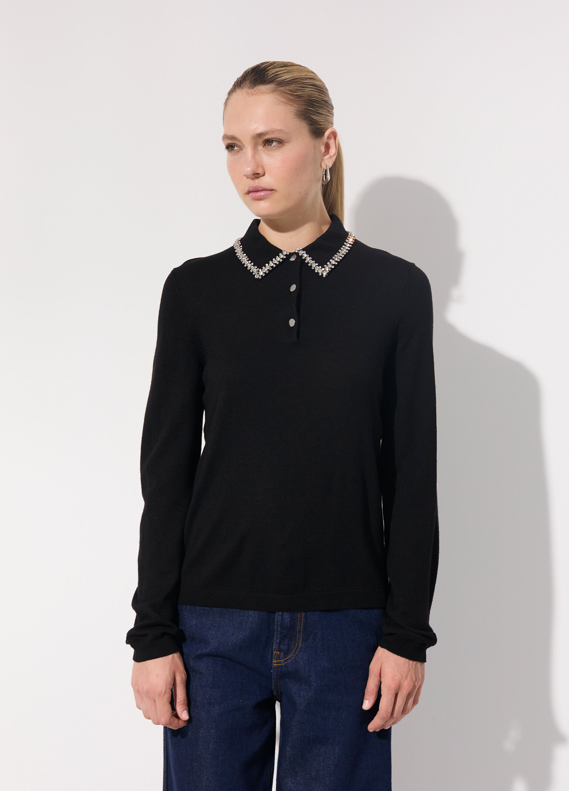 Polo in tricot misto lana a manica lunga donna_1