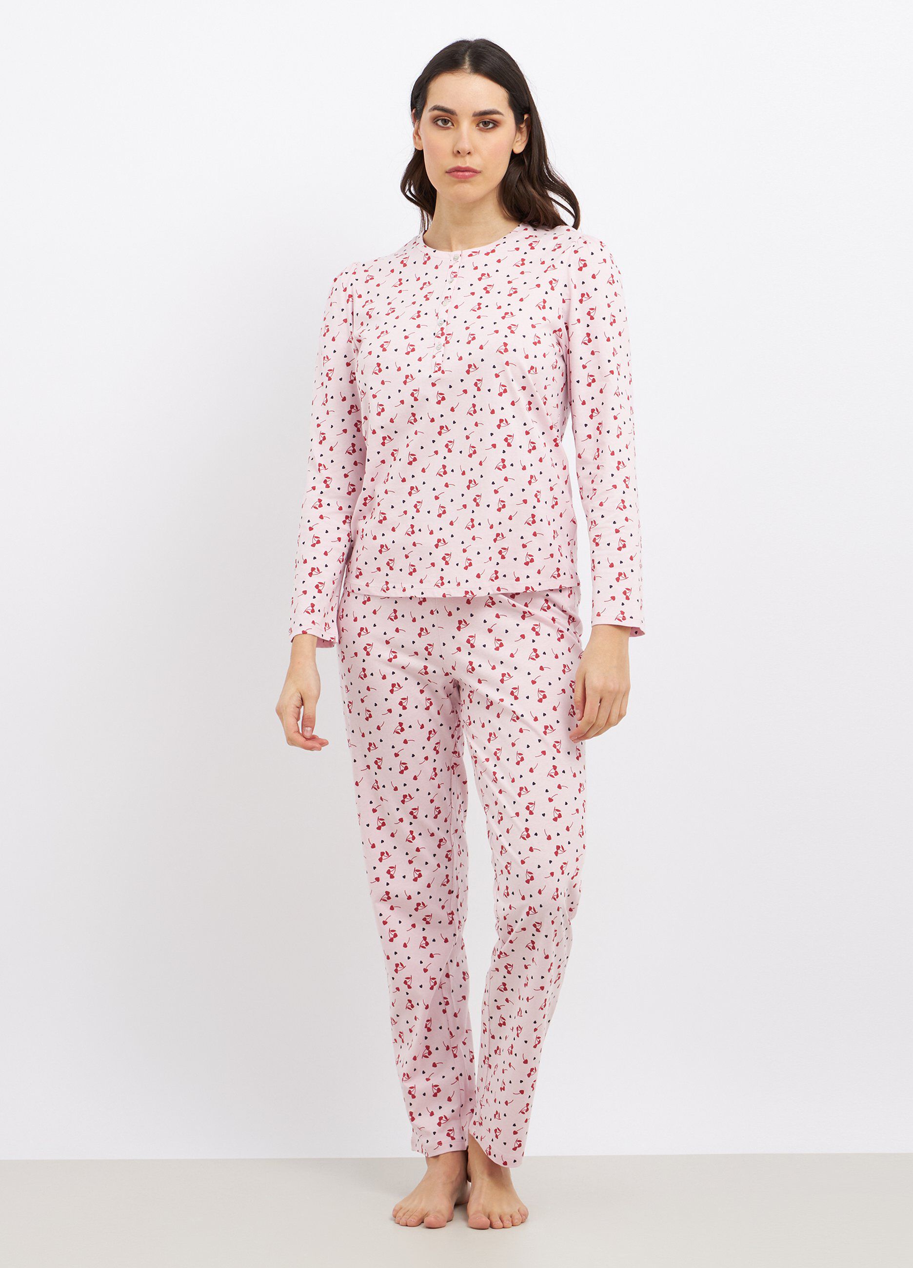 Set pigiama lungo in puro cotone stampato donna_0