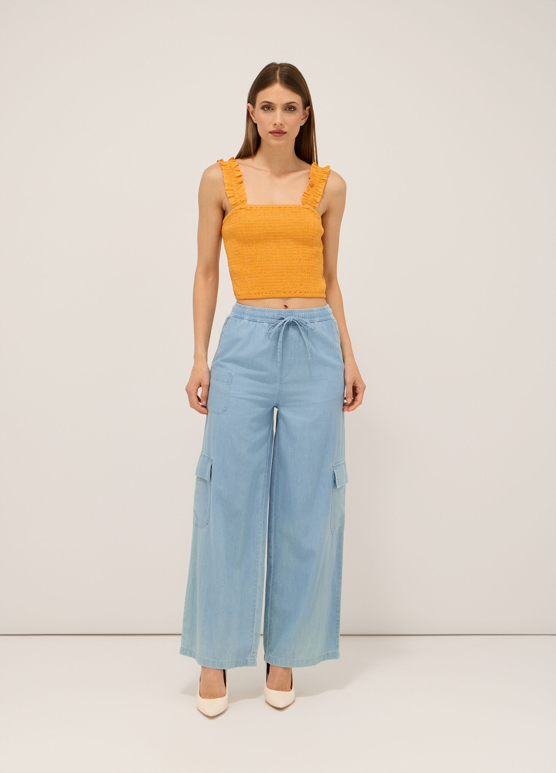 Pantaloni palazzo cargo in puro cotone donna_0