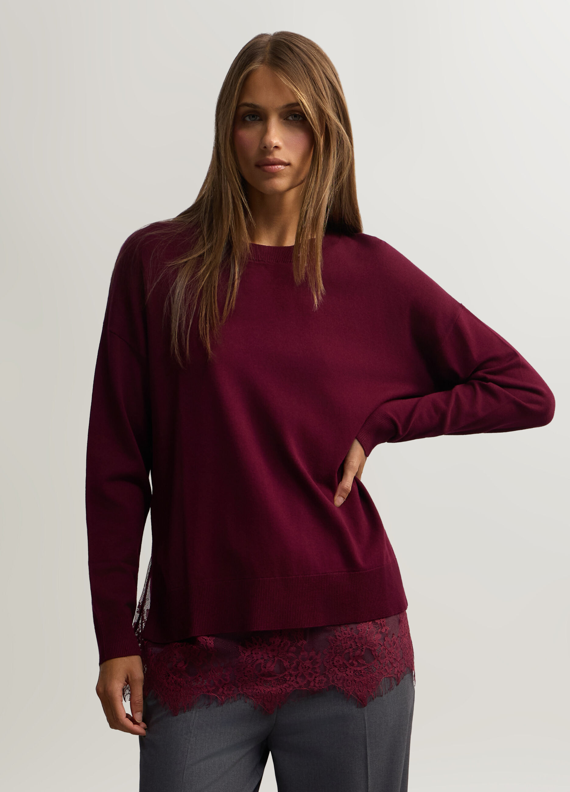 Maglia girocollo rasata con pizzo donna_0