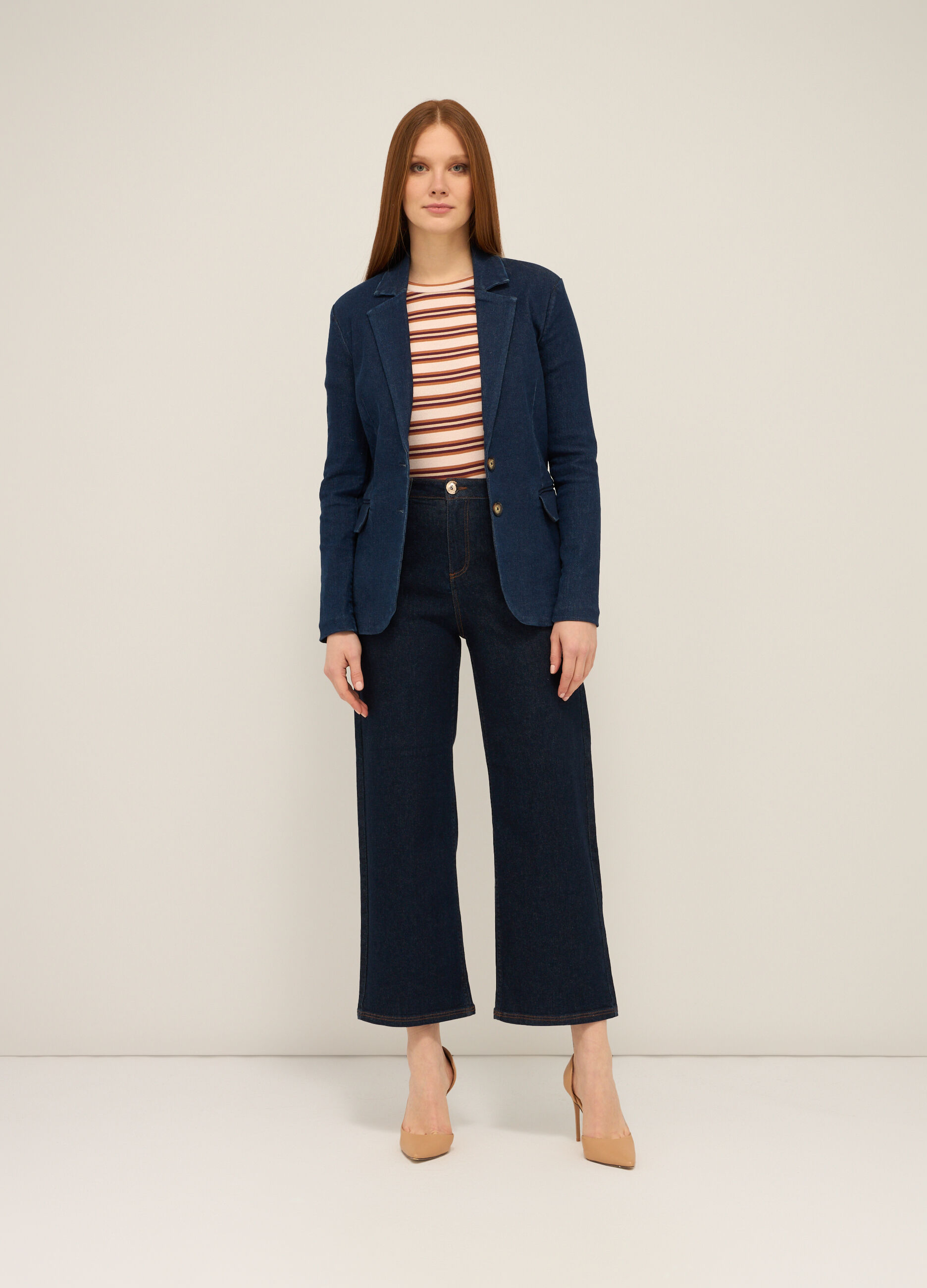 Pantaloni palazzo in denim di cotone stretch donna_0