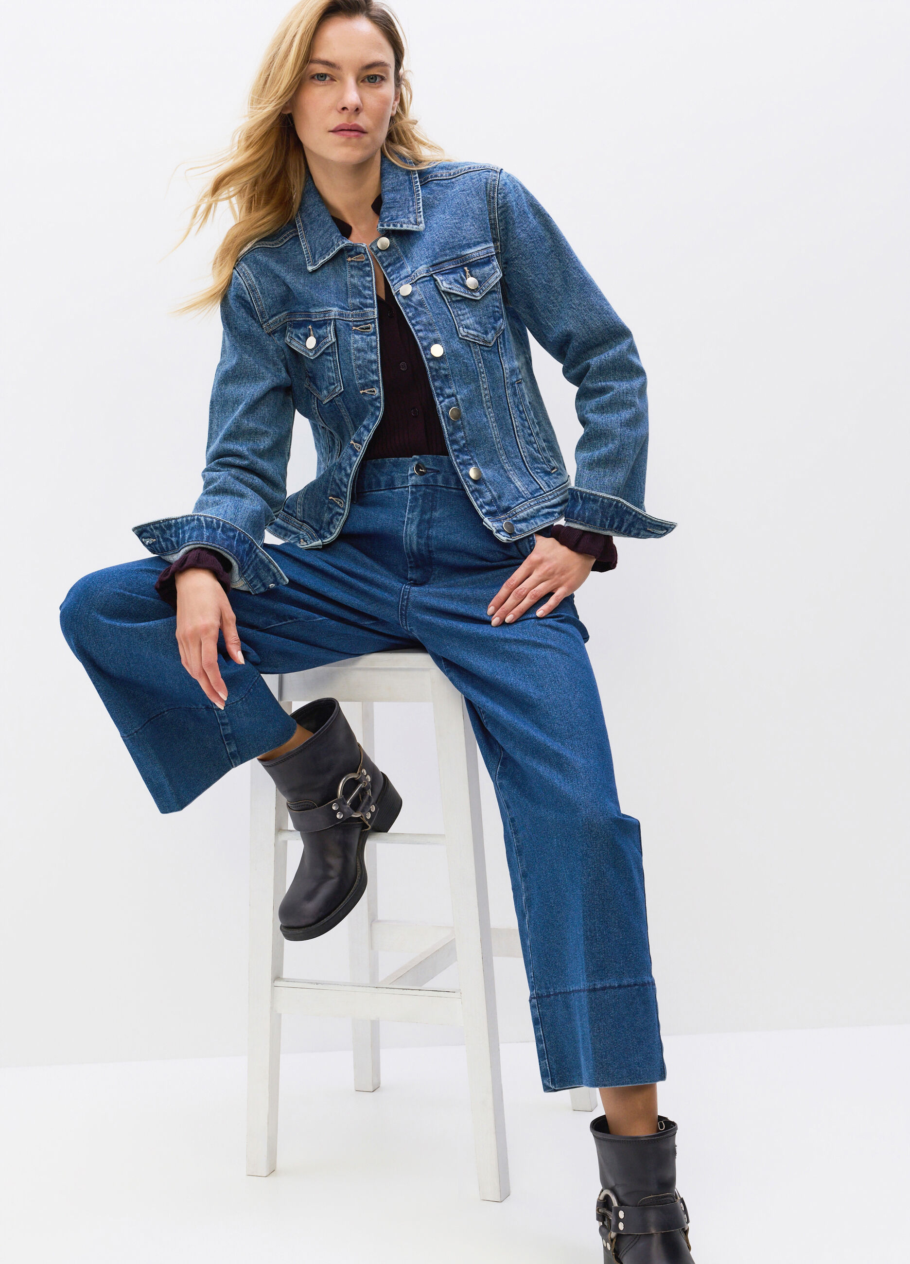 Pantaloni Culotte Fit in denim stretch misto cotone donna_0