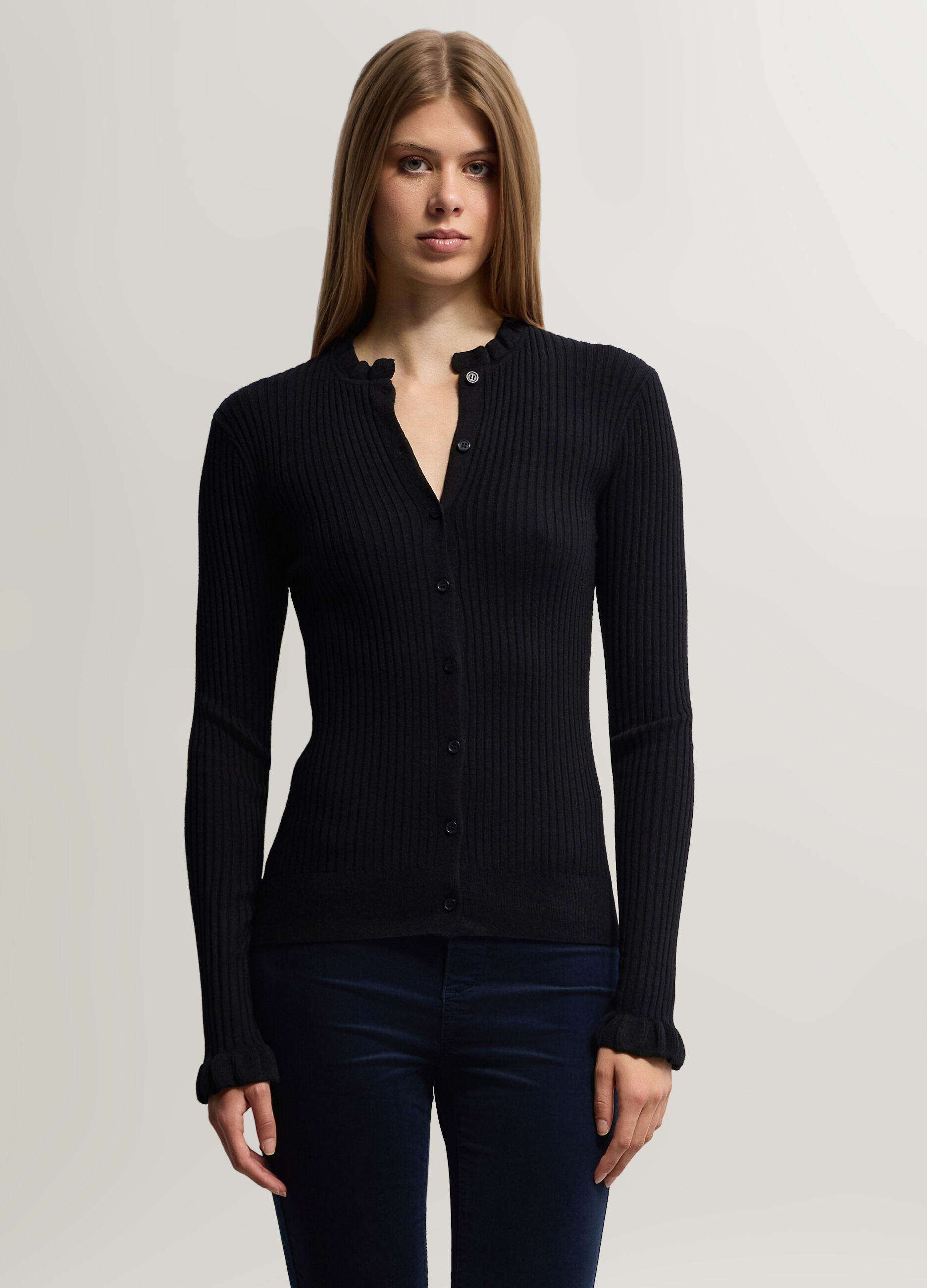 Cardigan Fitted girocollo in costina donna_0