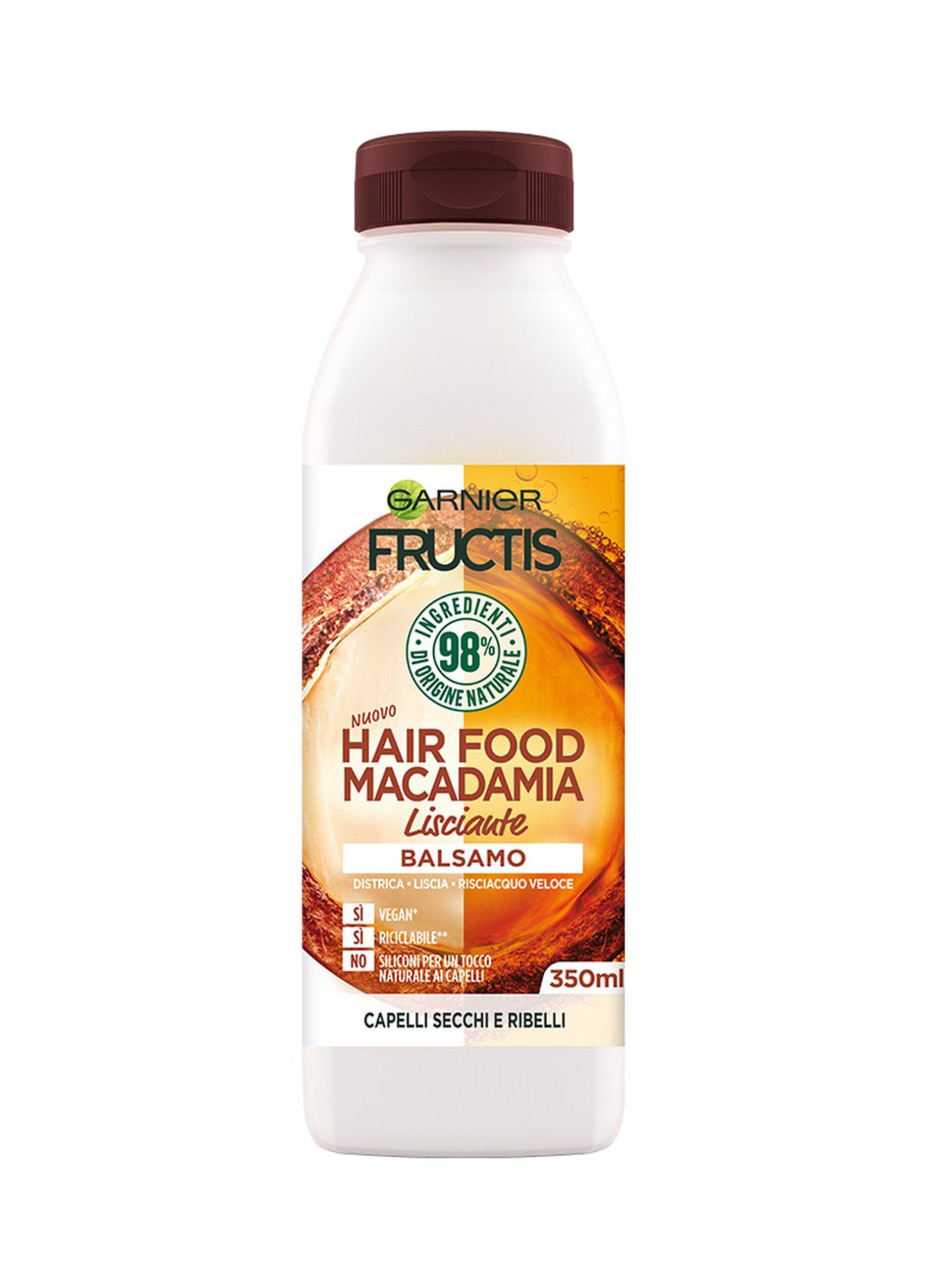 Garnier Balsamo Lisciante Fructis Hair Food, Balsamo lisicante macadamia per capelli da lisciare, 350 ml.