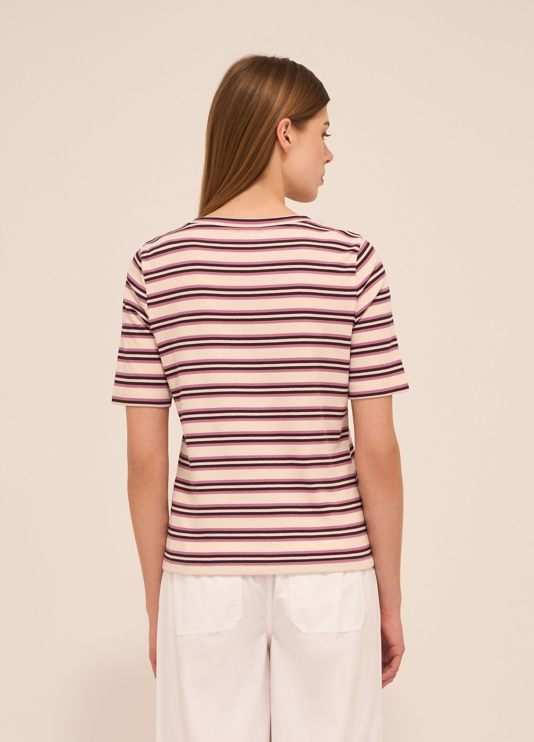 T-shirt a righe in costina di misto cotone donna_1