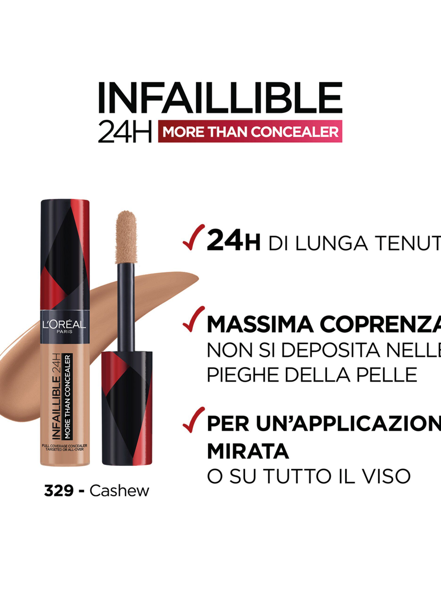 L'Oréal Paris Infaillible 24h More Than Concealer, Correttore liquido a lunga tenuta, 329 Cajou.