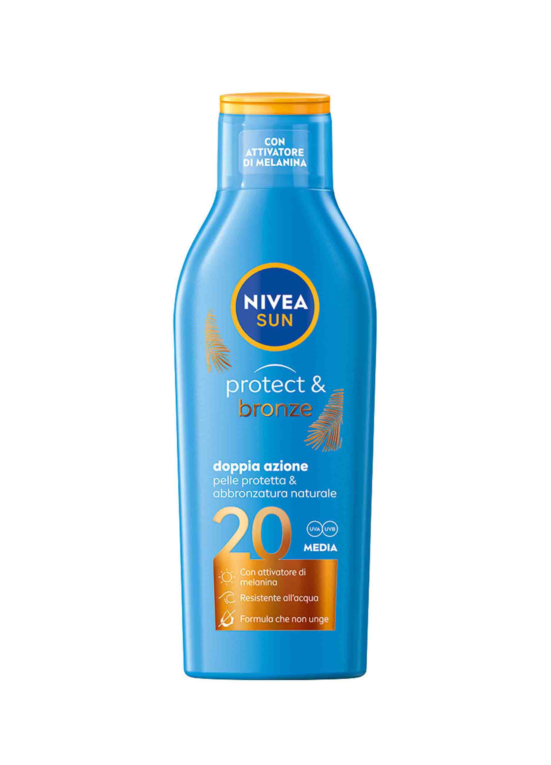 Nivea Sun Latte Solare Protect & Bronze FP20 200 ml, Crema solare 20 per un'abbronzatura dorata