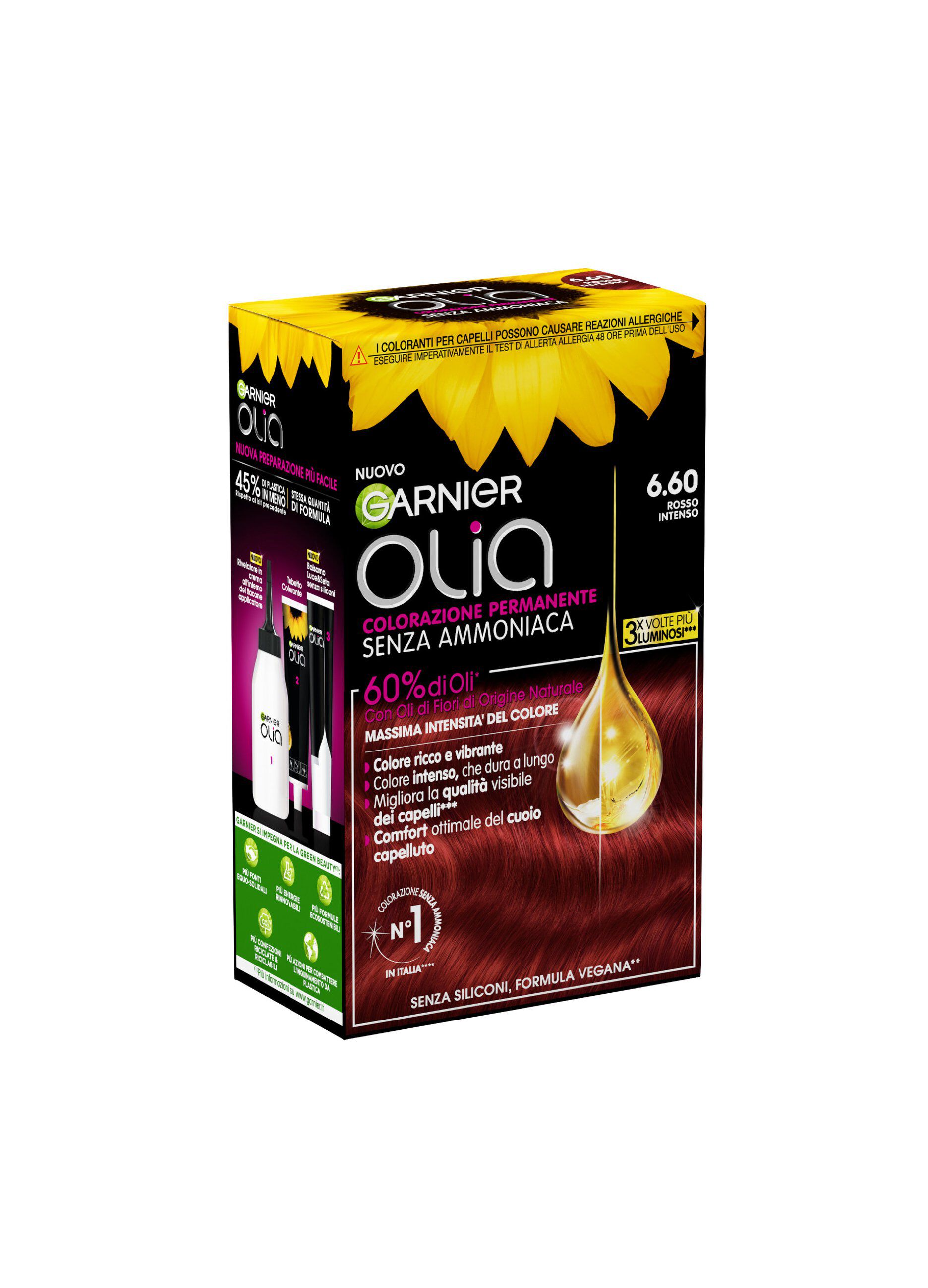 Garnier Tinta Capelli Olia, Colorazione permanente senza ammoniaca, copre il 100% dei capelli bianchi, Con oli di fiori di origine naturale, Bold Rosso Intenso (6.60).