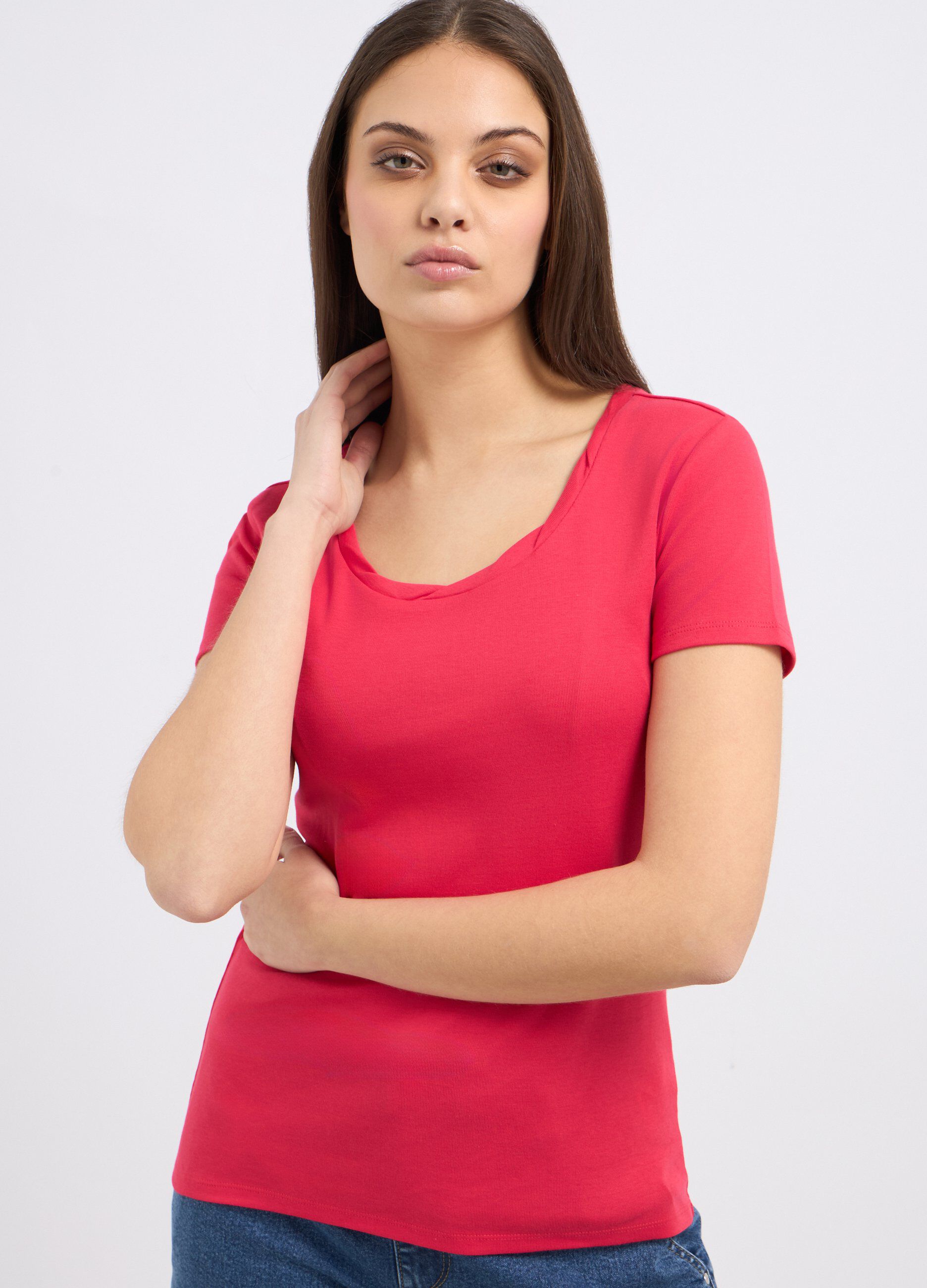 T-shirt in puro cotone con scollo rotondo lavorato donna_2