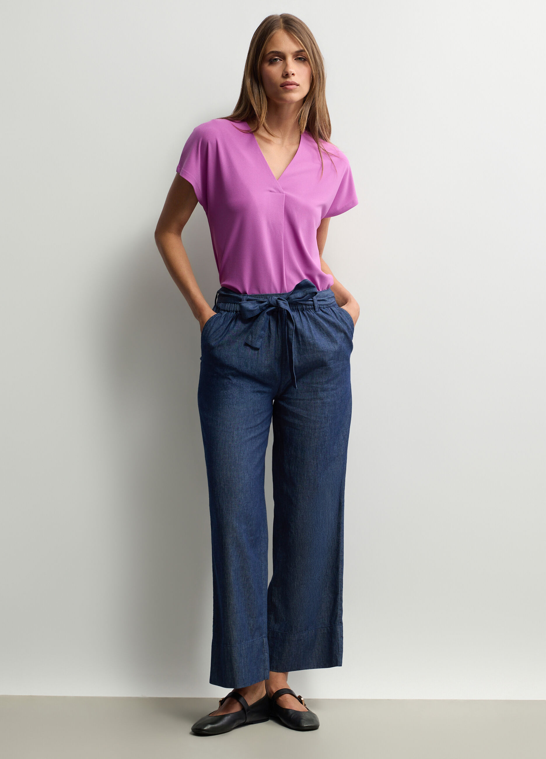 Pantaloni Wide Leg in chambray di puro cotone donna_0
