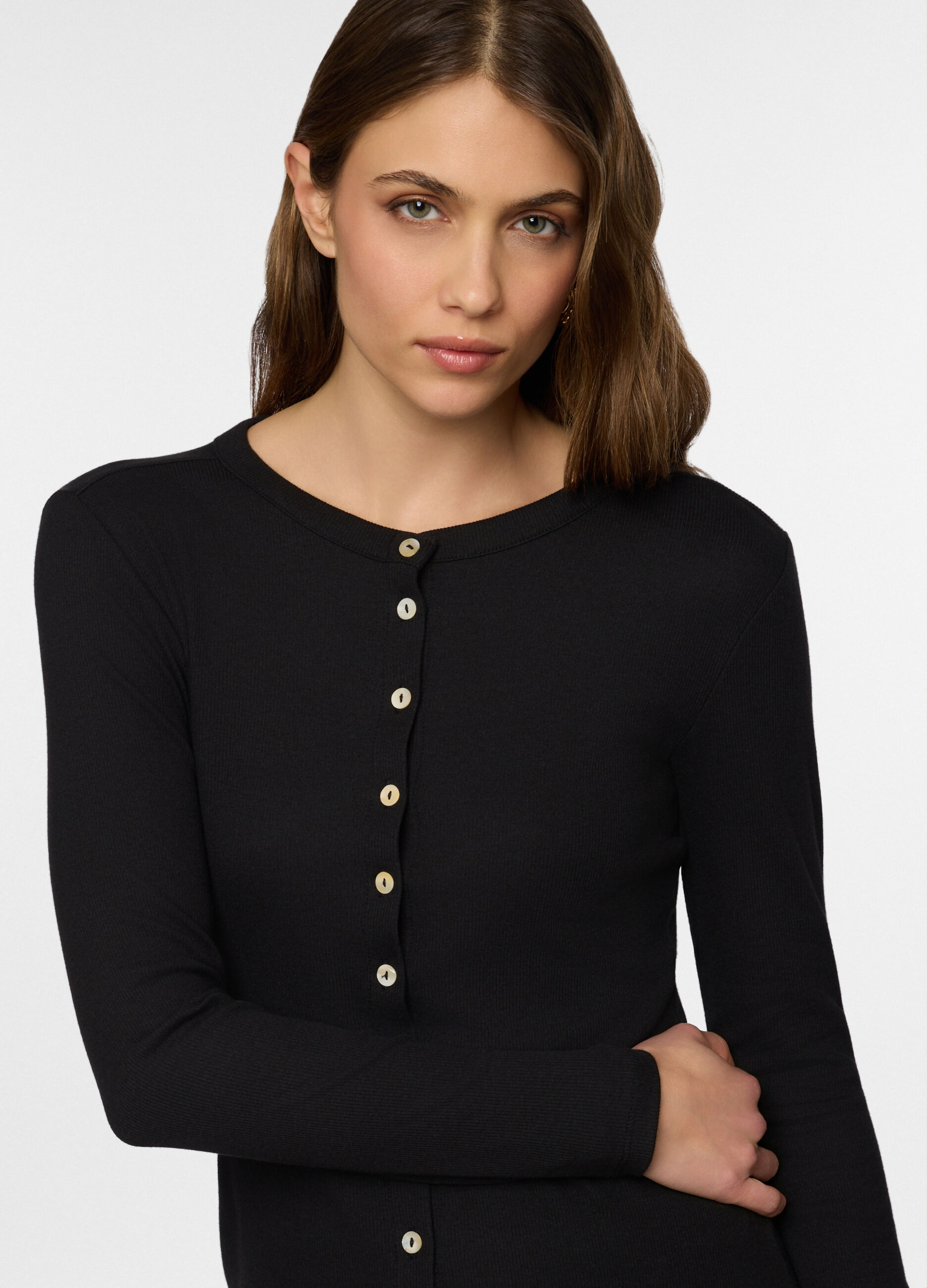 Cardigan girocollo in costina stretch donna_2