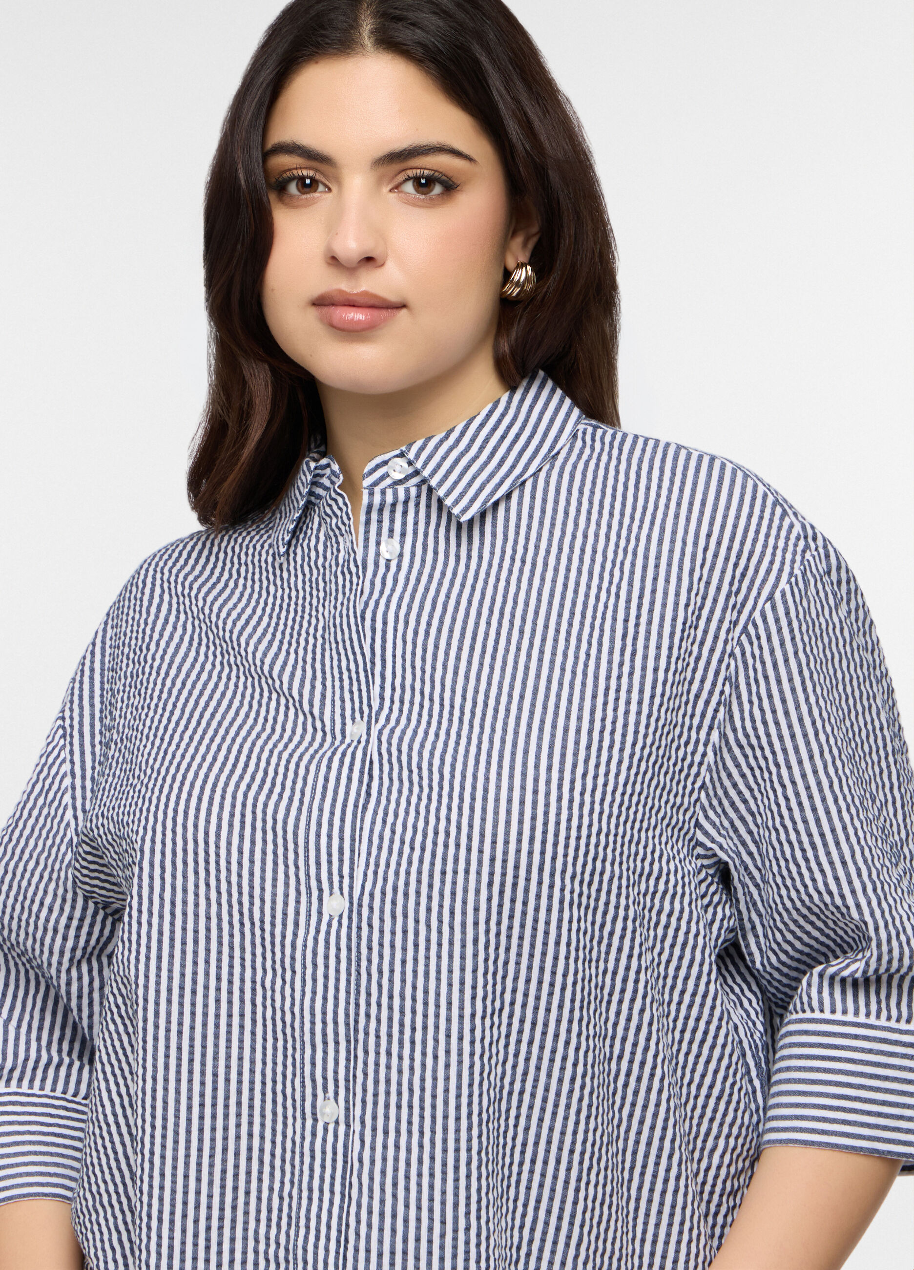 Camicia Fit Over con colletto alla francese in puro cotone seersucker donna curvy_2