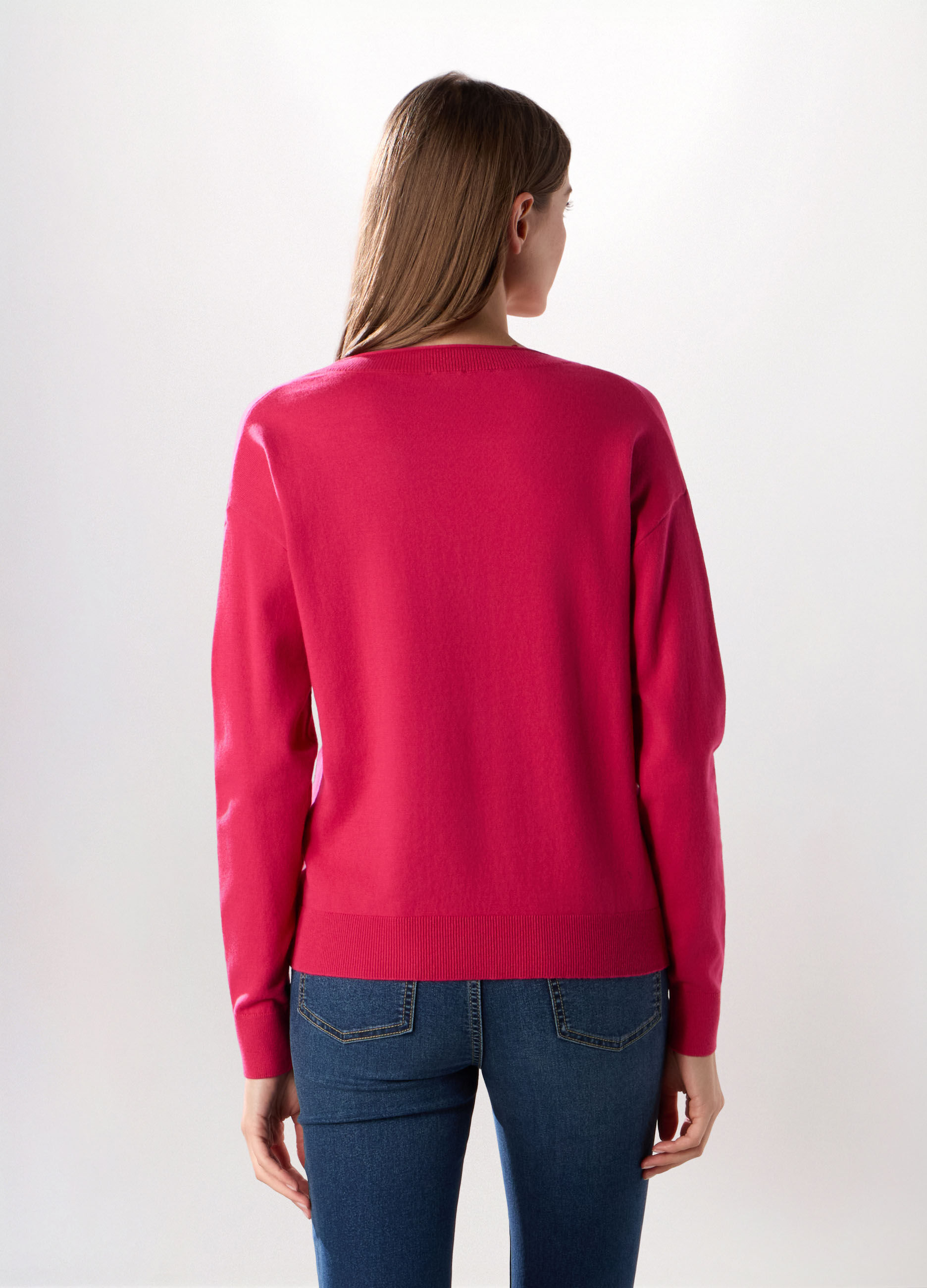 Pullover con scollo a V in misto cotone donna_1
