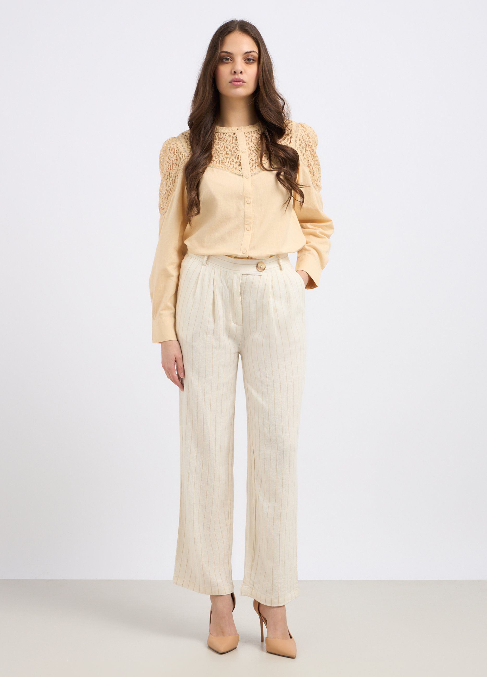 Pantaloni rigati in misto lino donna_0