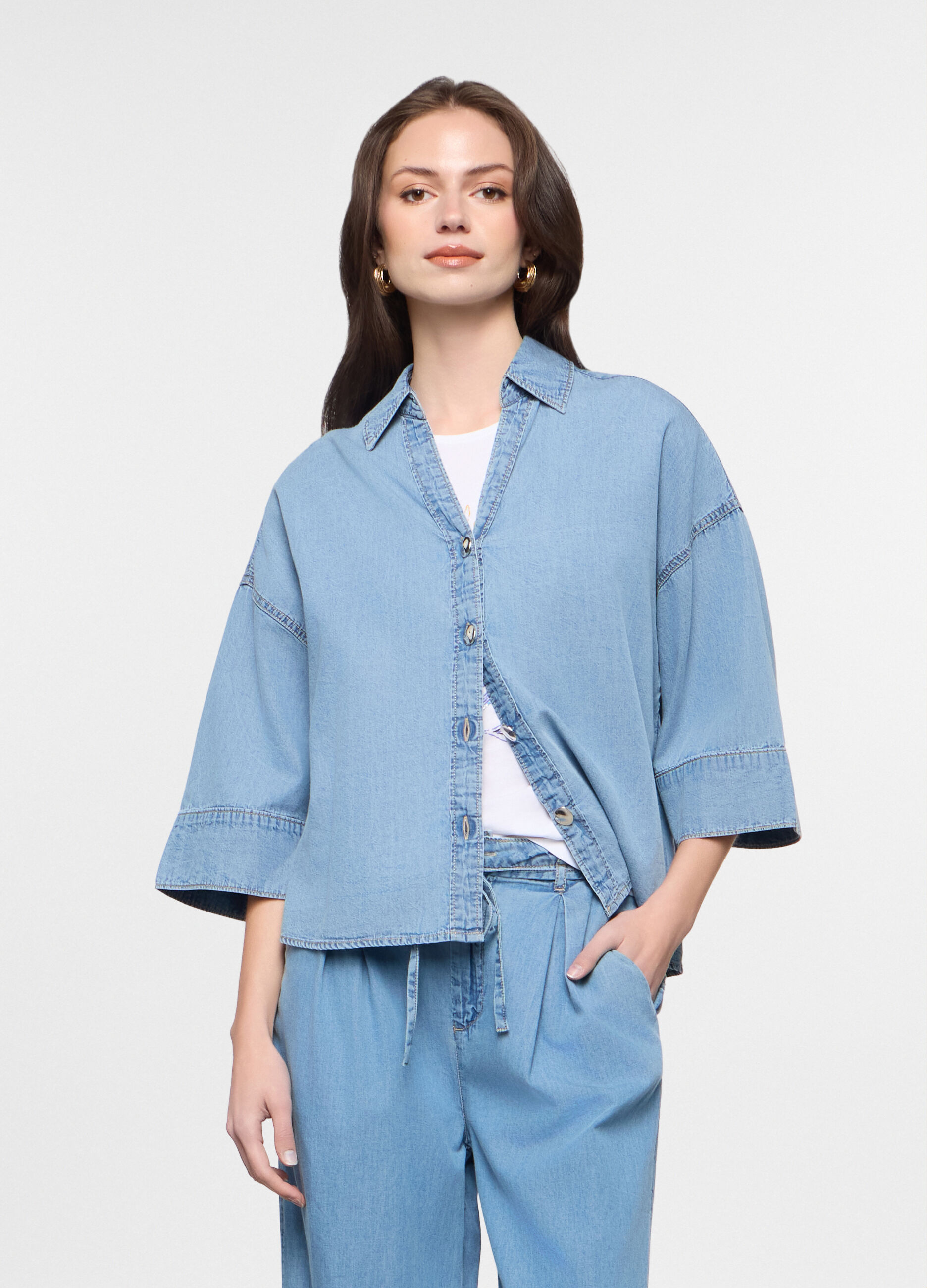 Camicia fit over con collo alla francese in denim di puro cotone donna_0