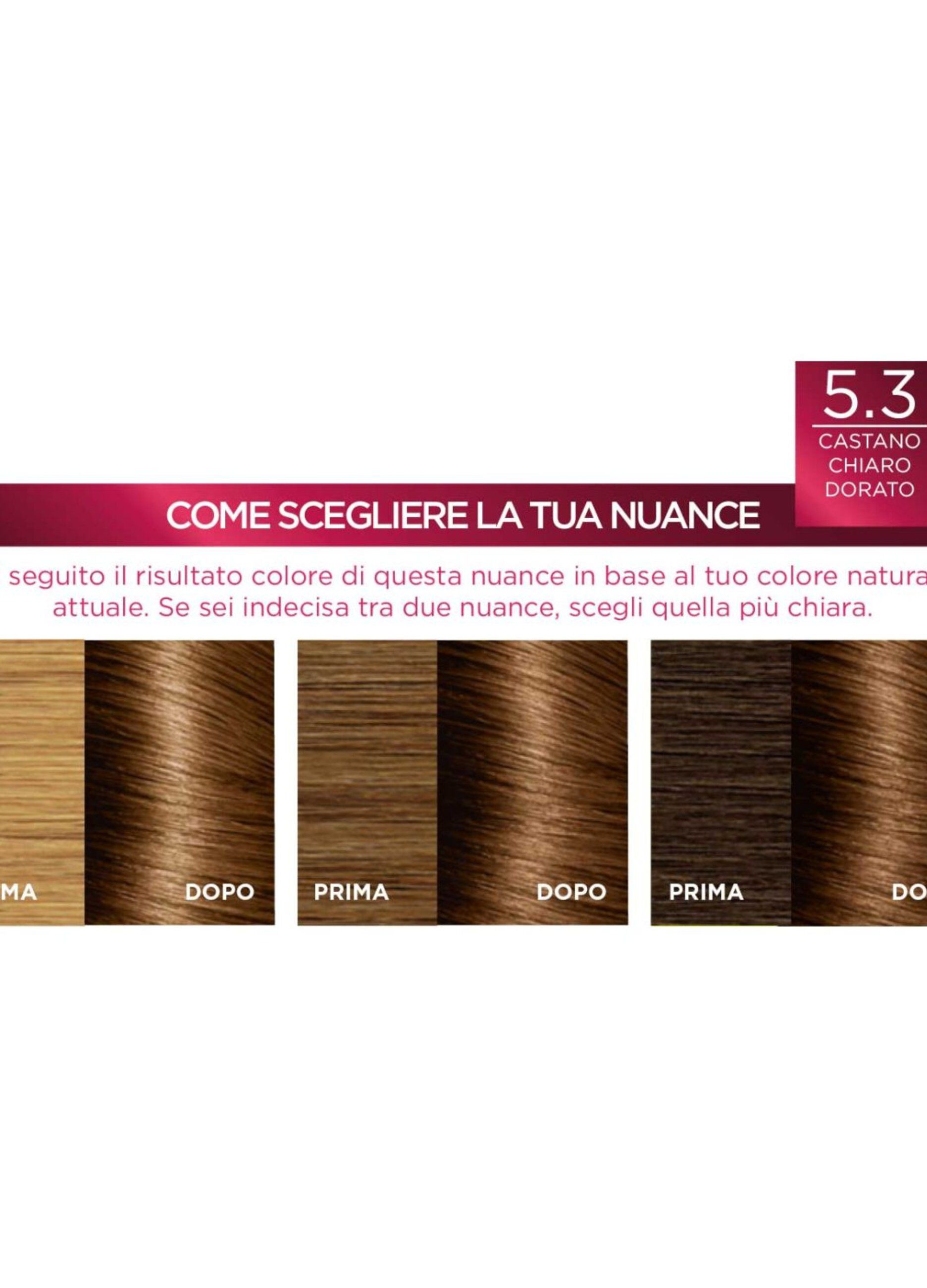 L'Oréal Paris Tinta Capelli Excellence, Copre i capelli bianchi, colore ricco, luminoso e a lunga durata, 5.3 Castano Chiaro Dorato.