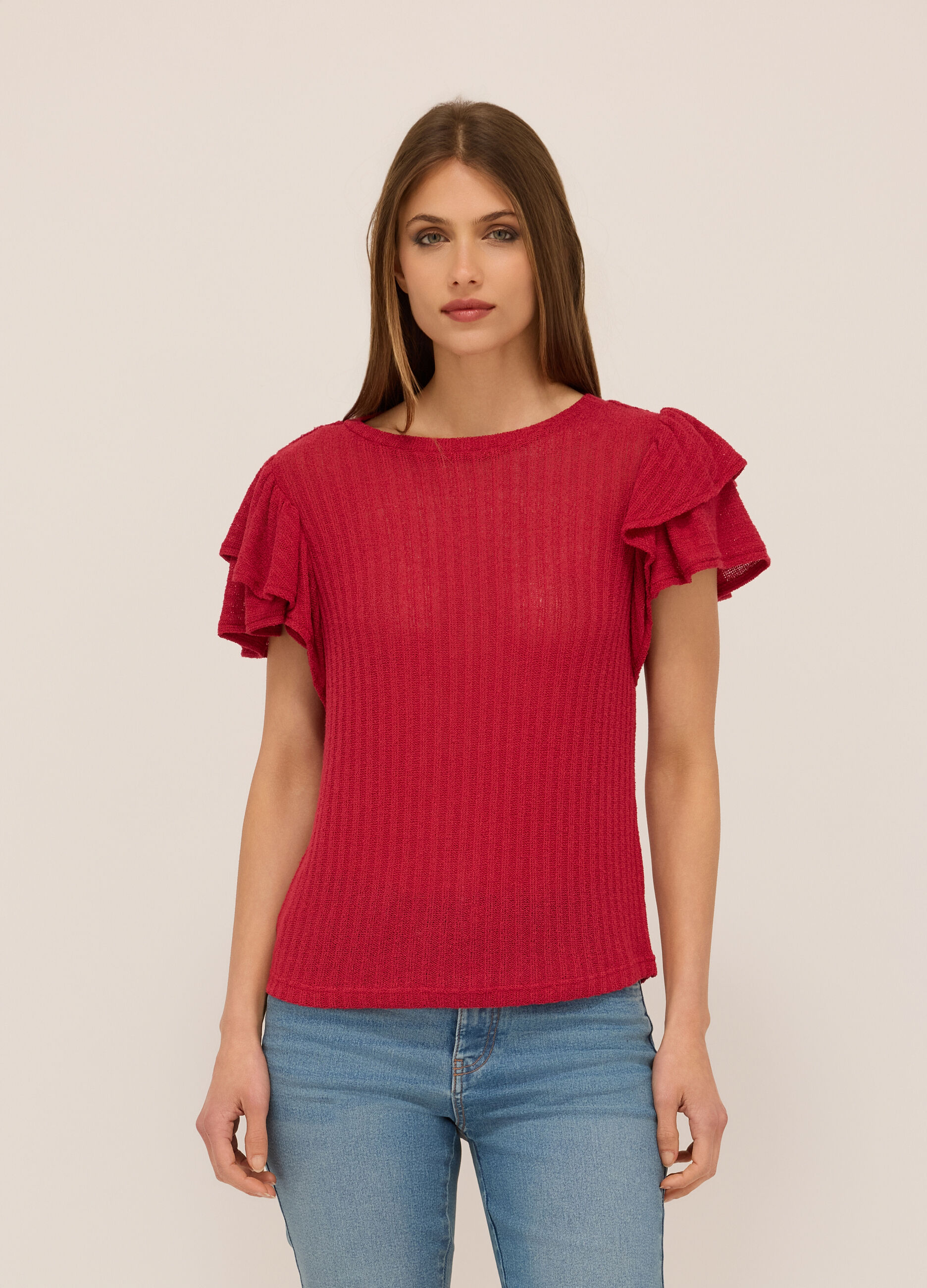 T-shirt in costina con rouches donna_0