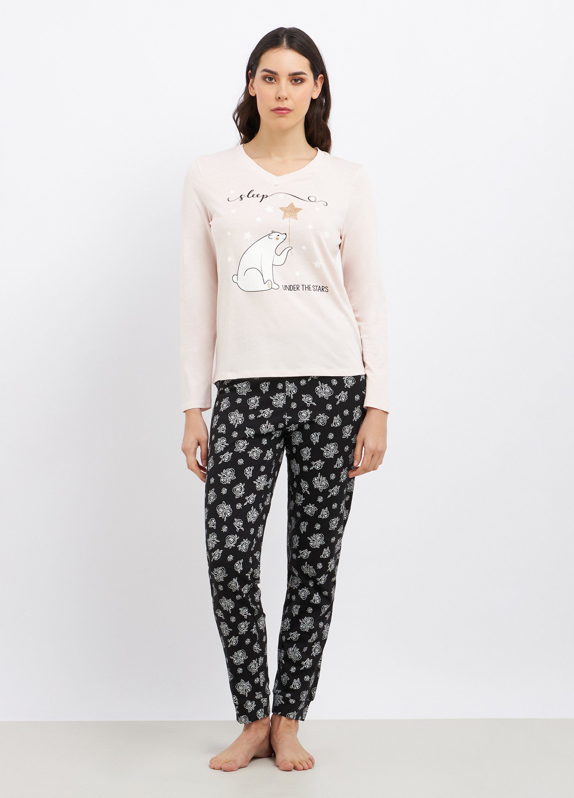 Set pigiama lungo in puro cotone con stampa glitter donna_0