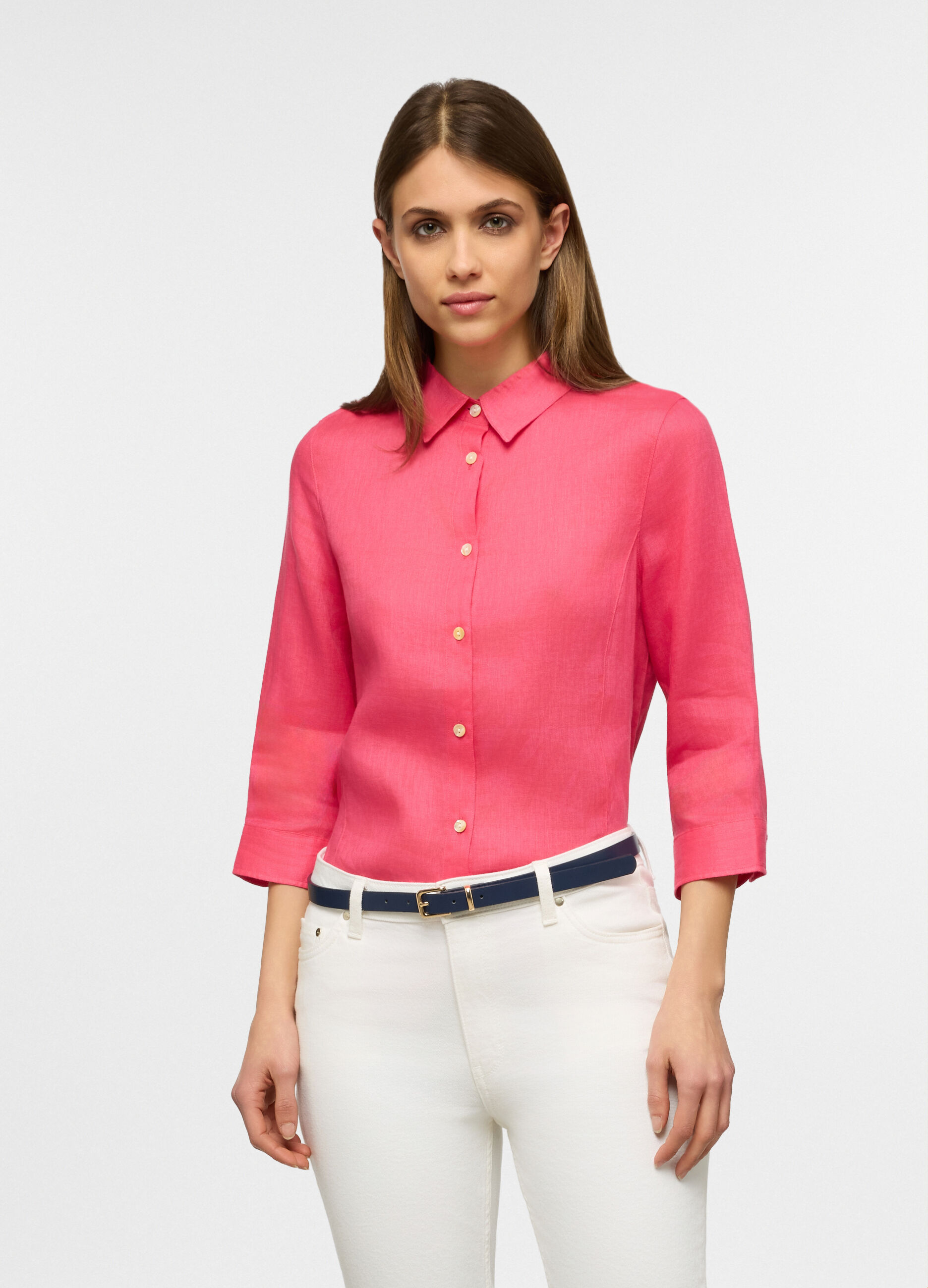 Camicia fit regular con colletto classico in puro lino donna_0