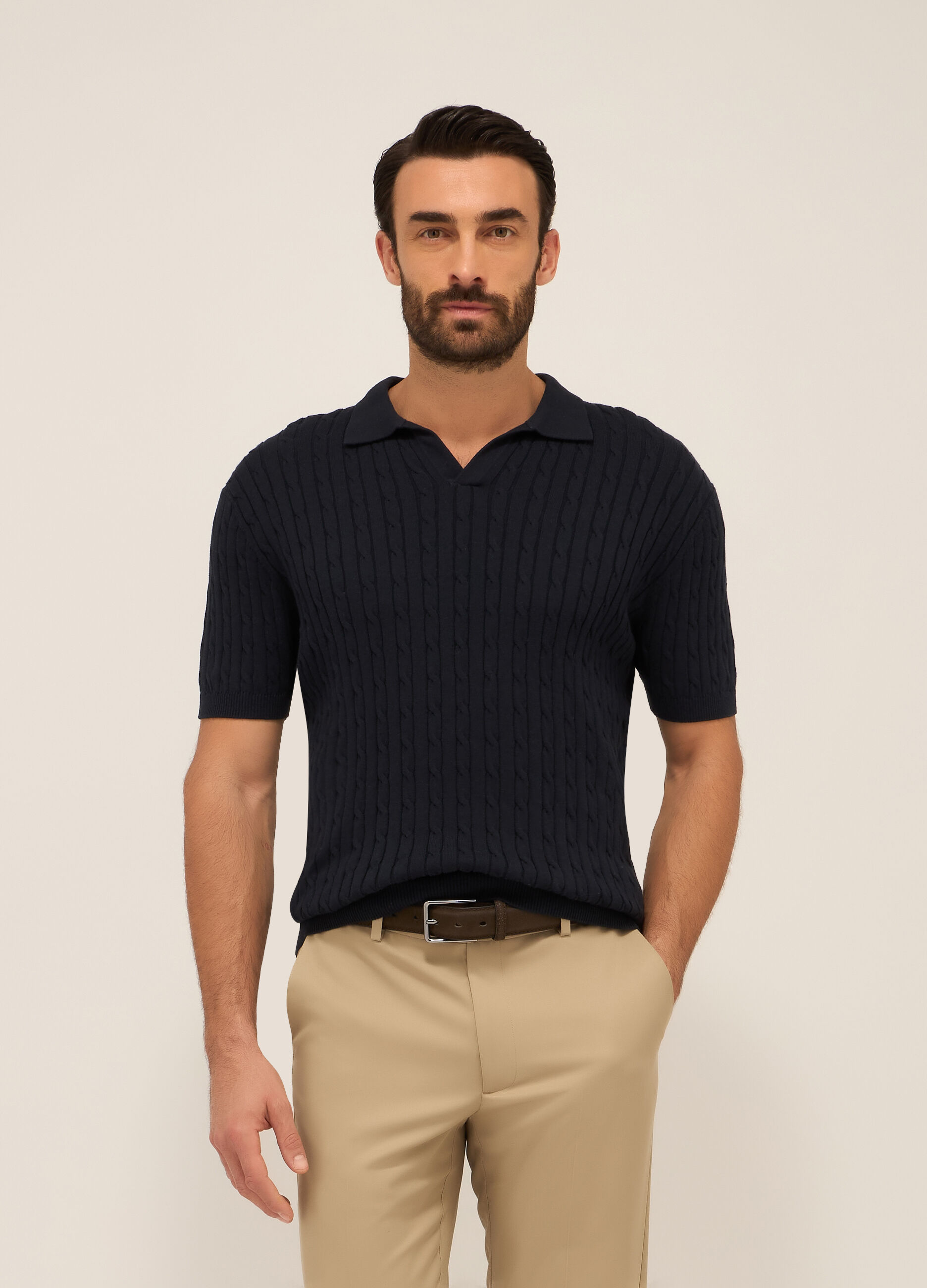 Polo collo aperto in cotone a trecce uomo_0