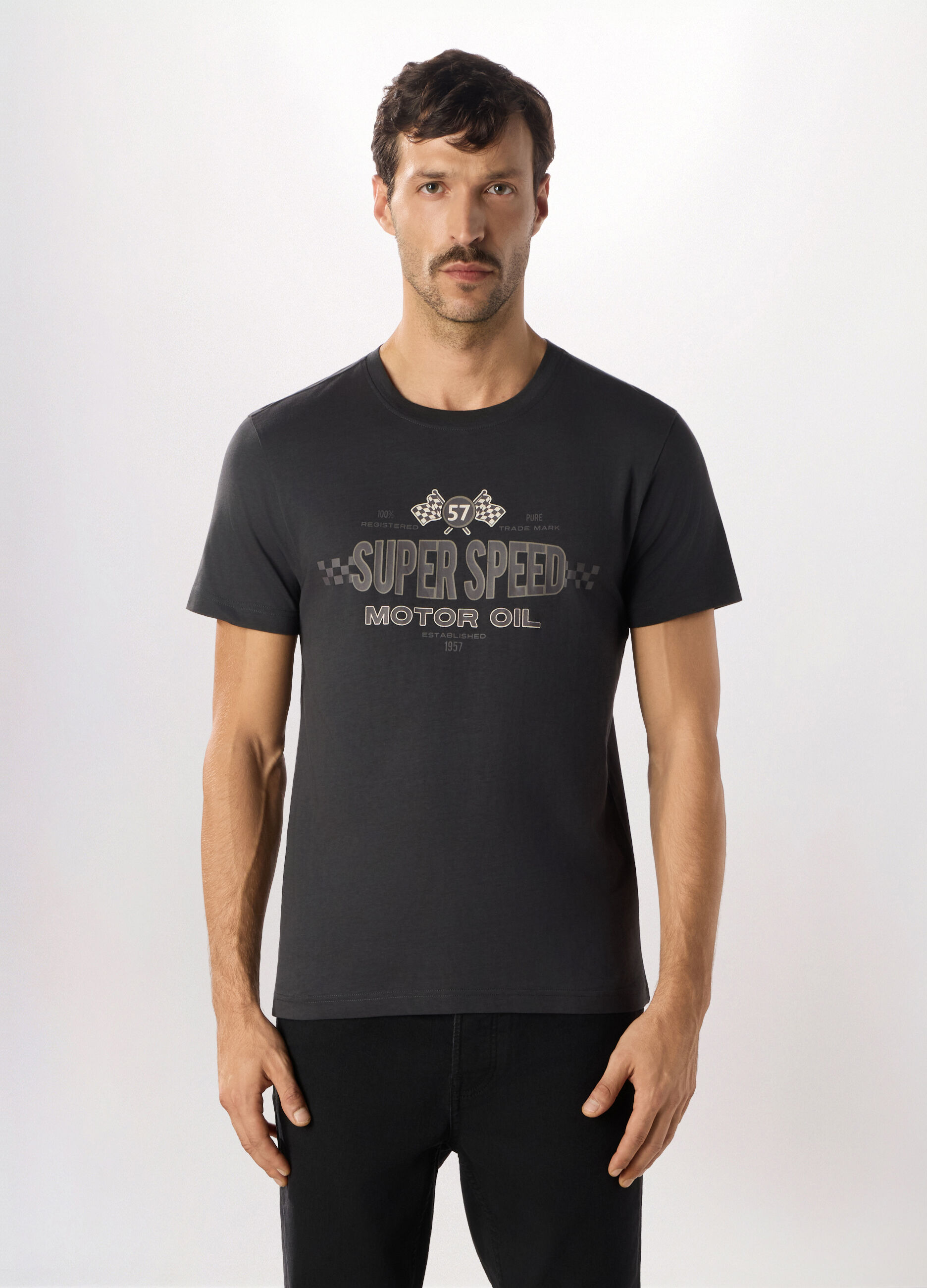 T-shirt a maniche corte con stampa in puro cotone uomo_0