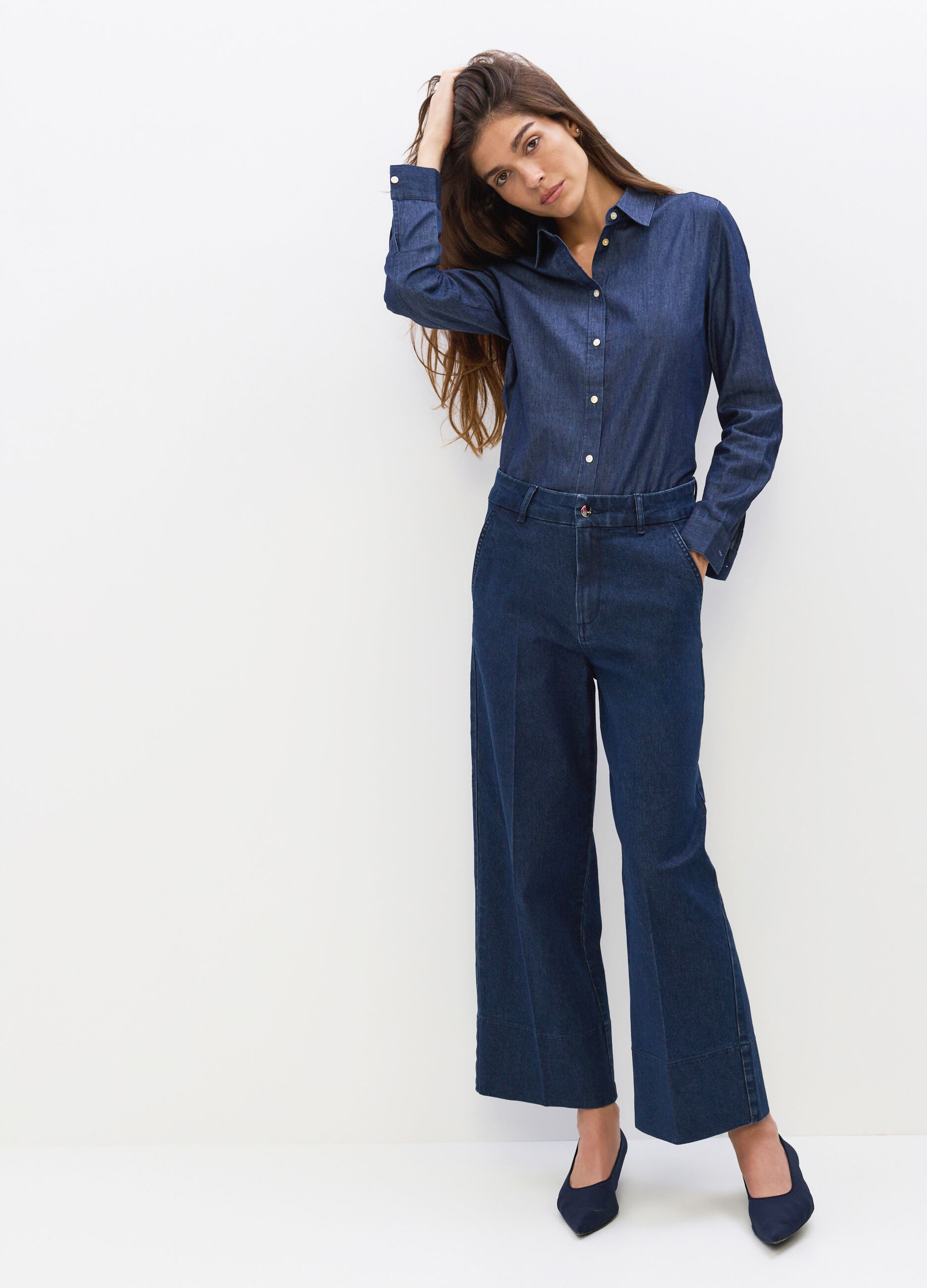 Pantaloni Wide Leg in denim di misto cotone stretch donna_0